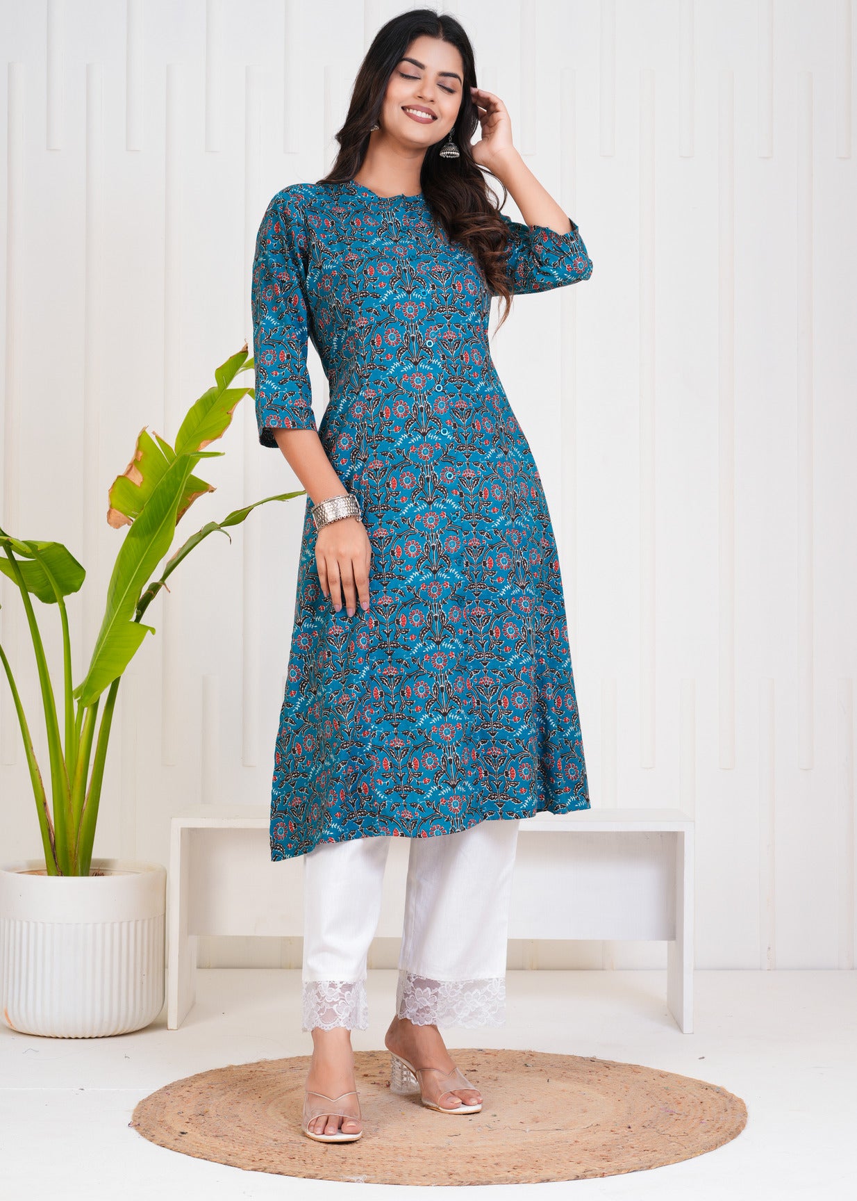 Navy Blue With Floral Print Cotton Kurti