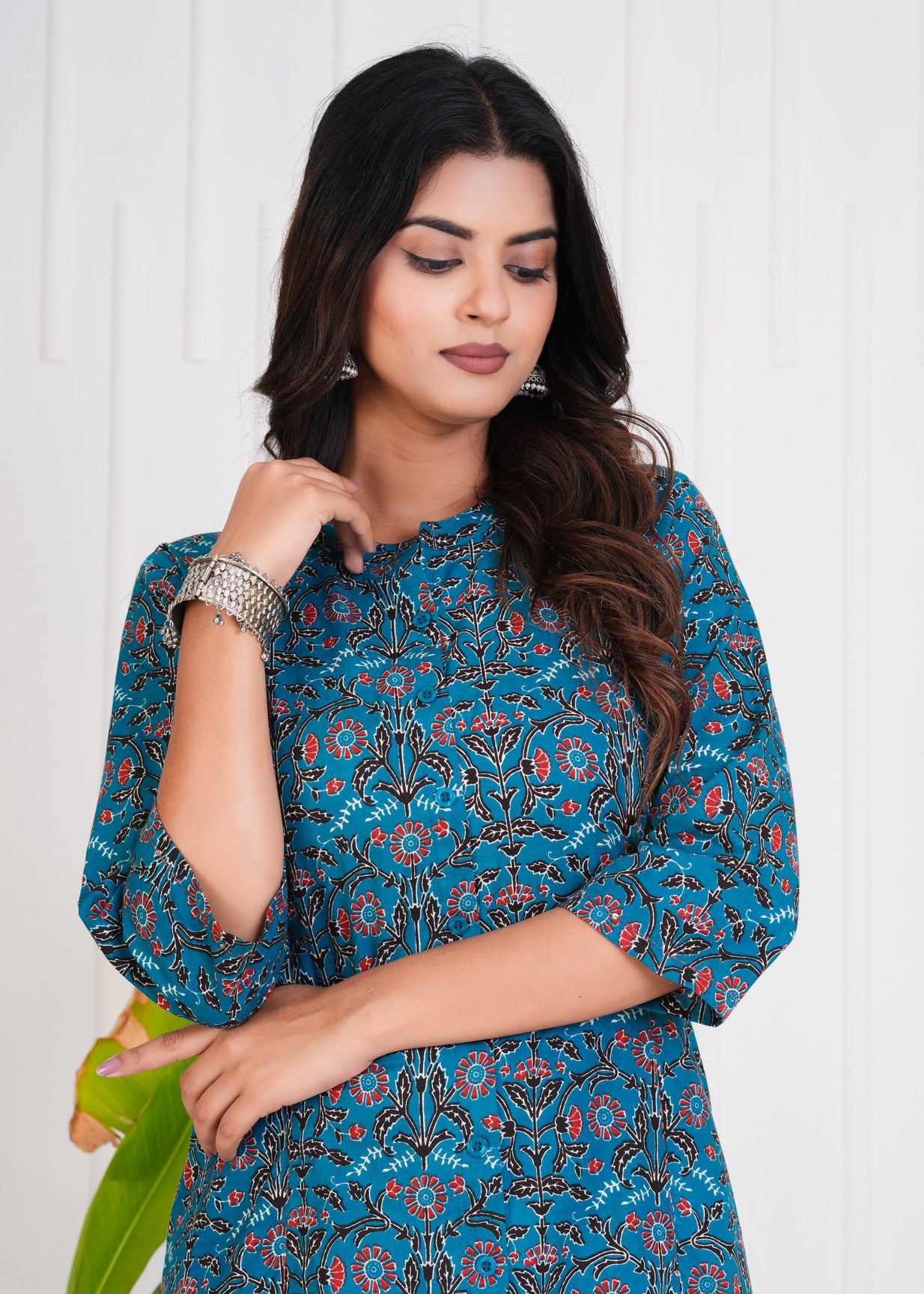 Navy Blue With Floral Print Cotton Kurti