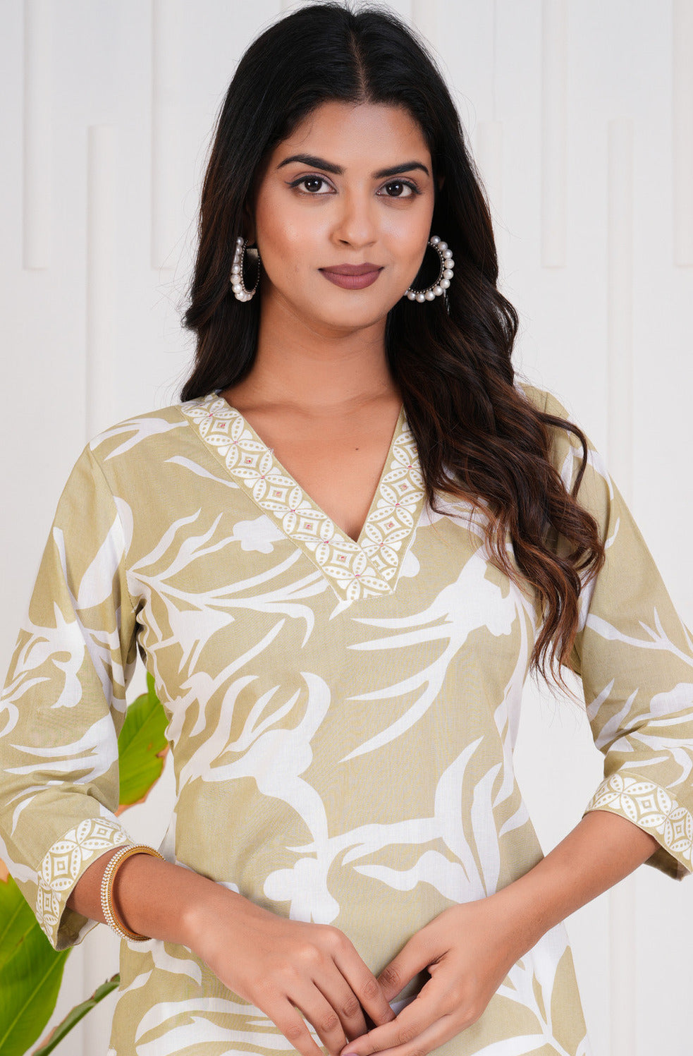 Green With White Floral Printed Cotton Kurti