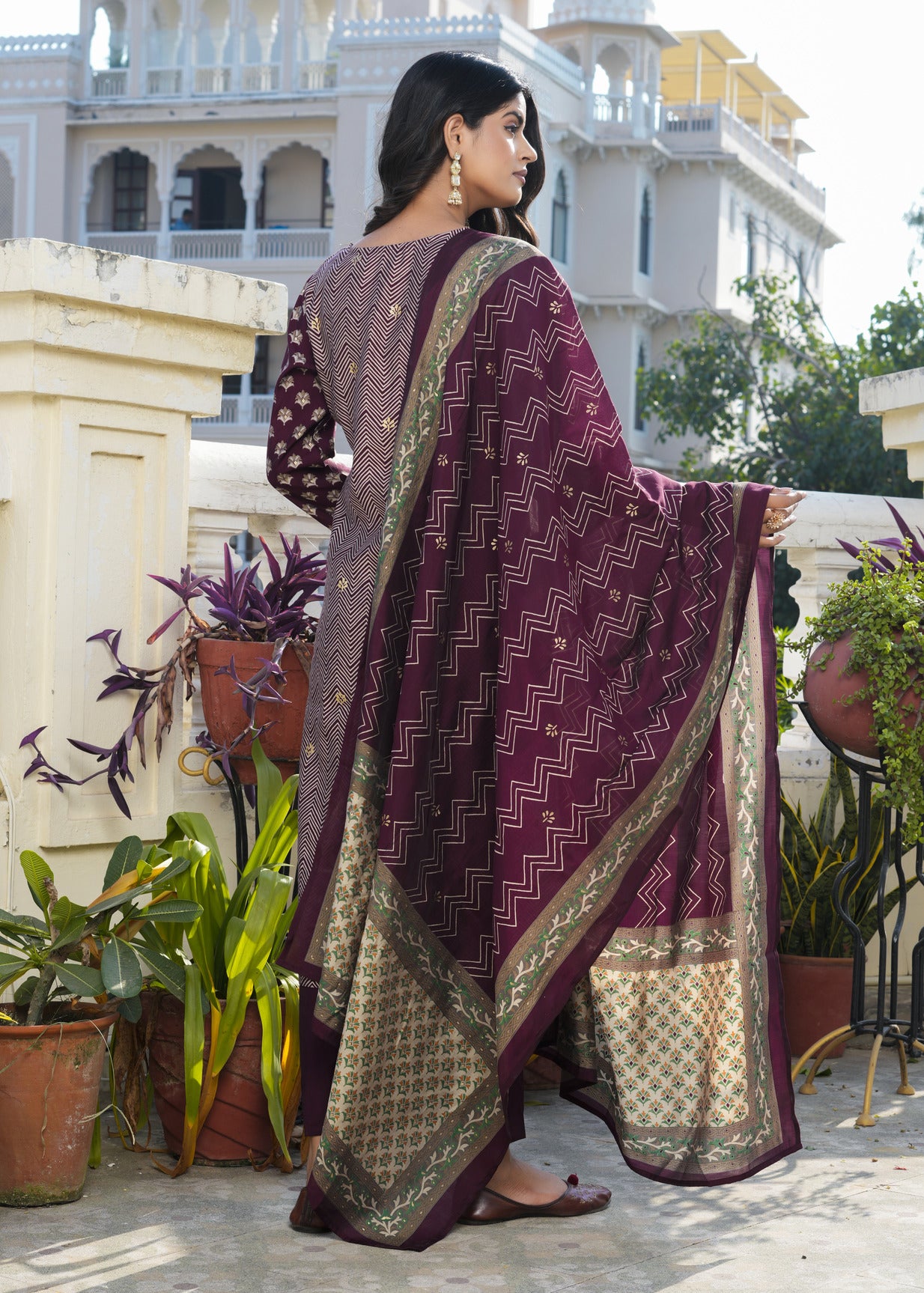 Wine With Green Floral Embroidered and Embellished Maslin Suit Set