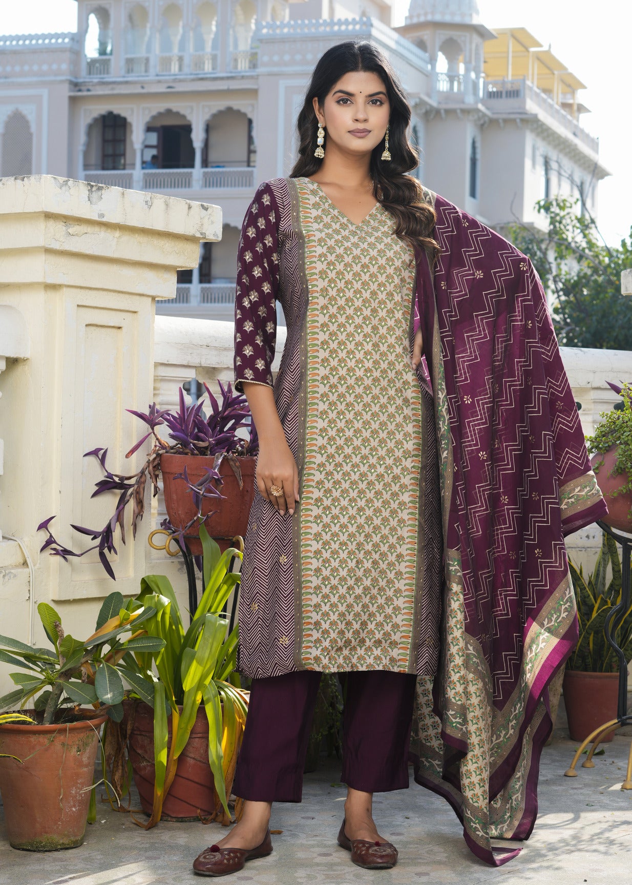 Wine With Green Floral Embroidered and Embellished Maslin Suit Set