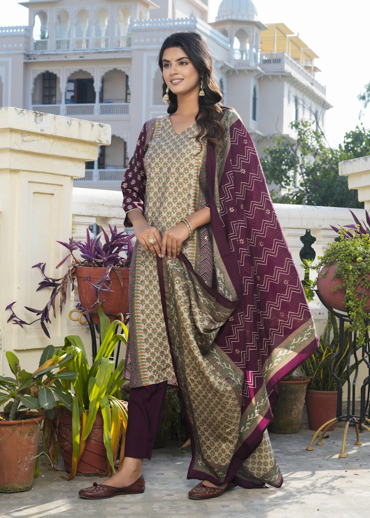 Wine With Green Floral Embroidered and Embellished Maslin Suit Set