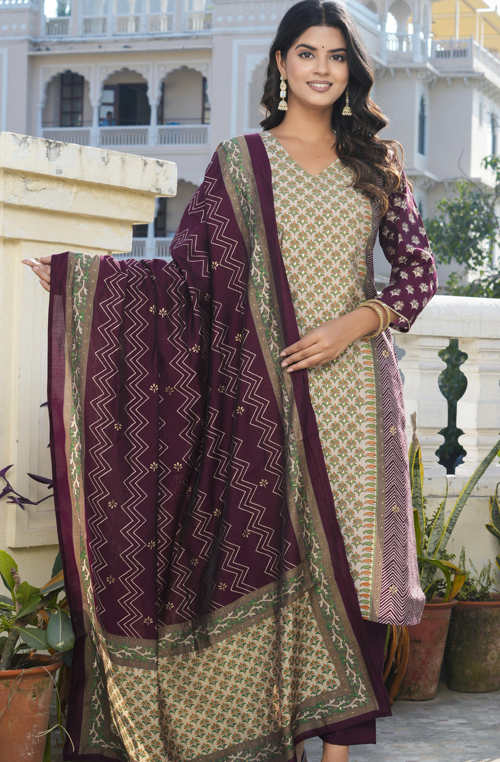 Wine With Green Floral Embroidered and Embellished Maslin Suit Set