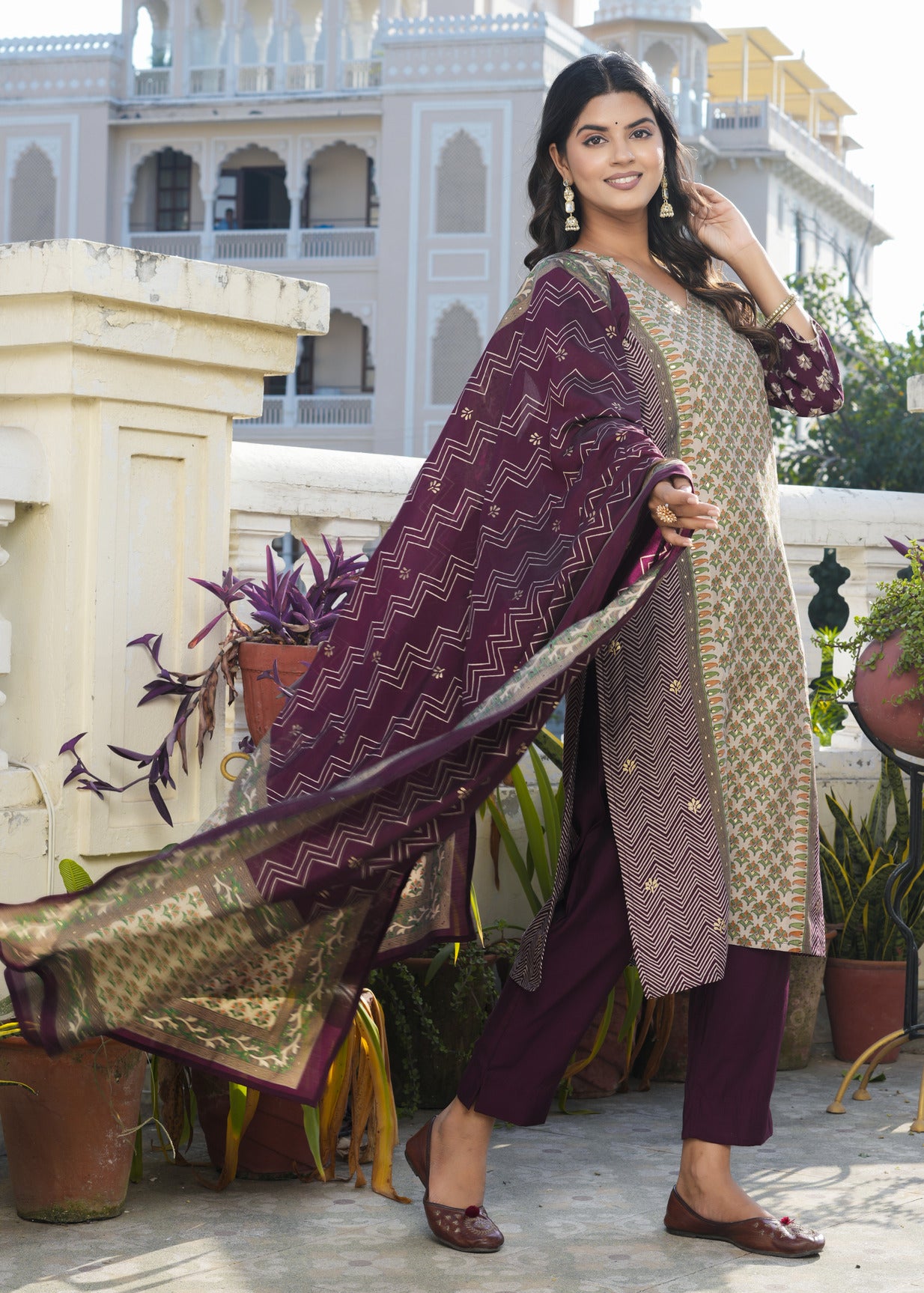 Wine With Green Floral Embroidered and Embellished Maslin Suit Set