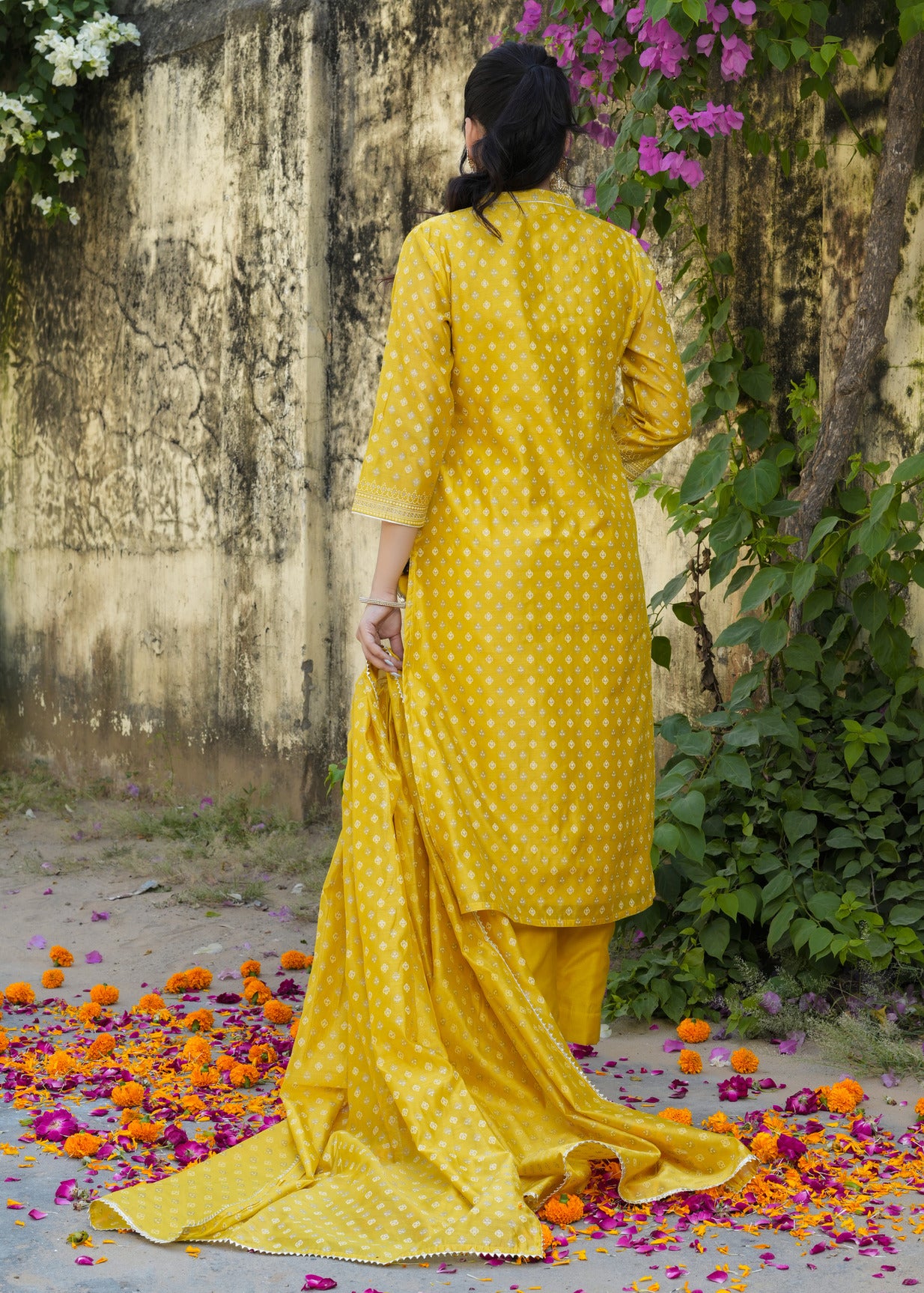 Yellow With Floral Golden Embellished Silk Suit Set