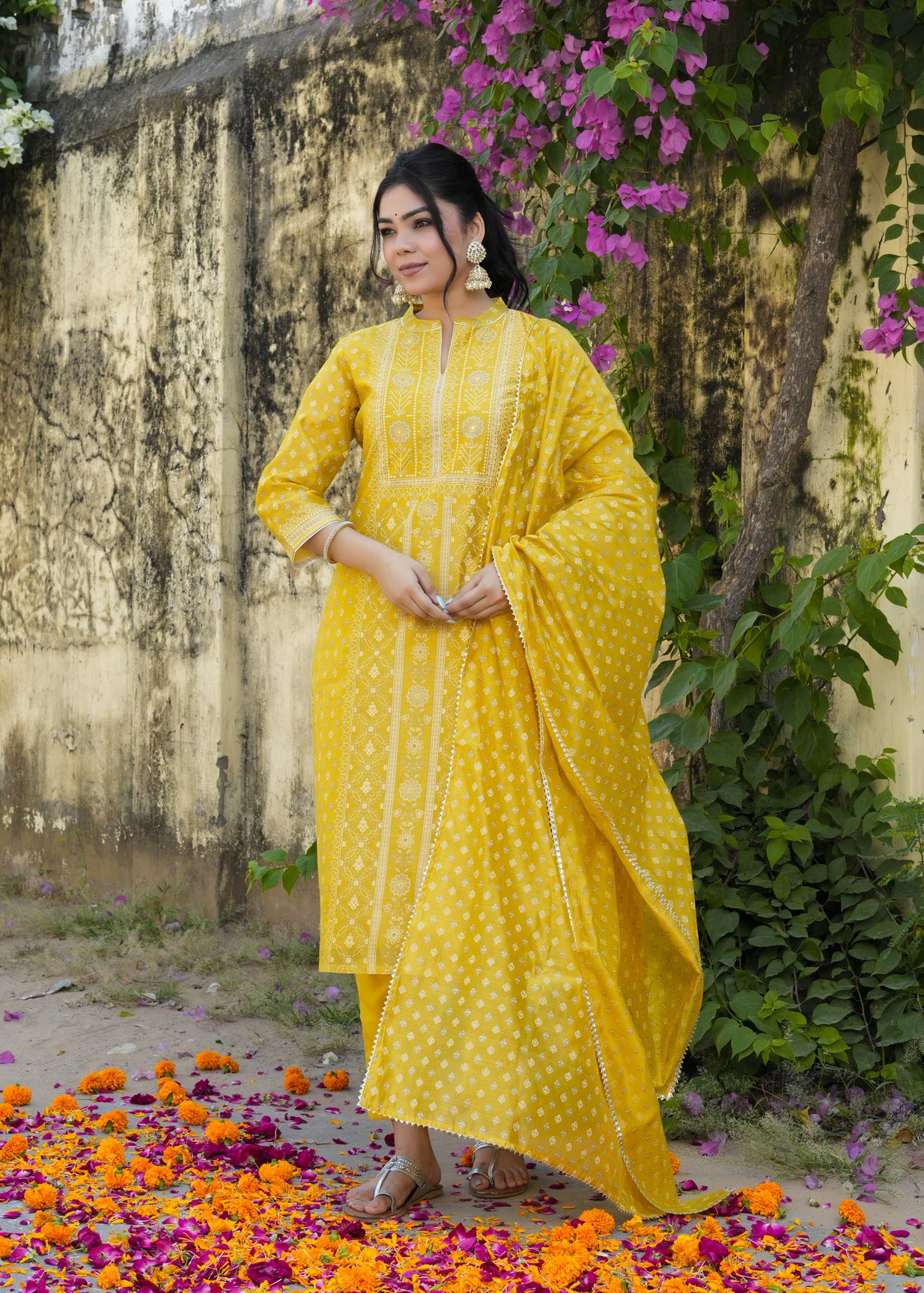 Yellow With Floral Golden Embellished Silk Suit Set