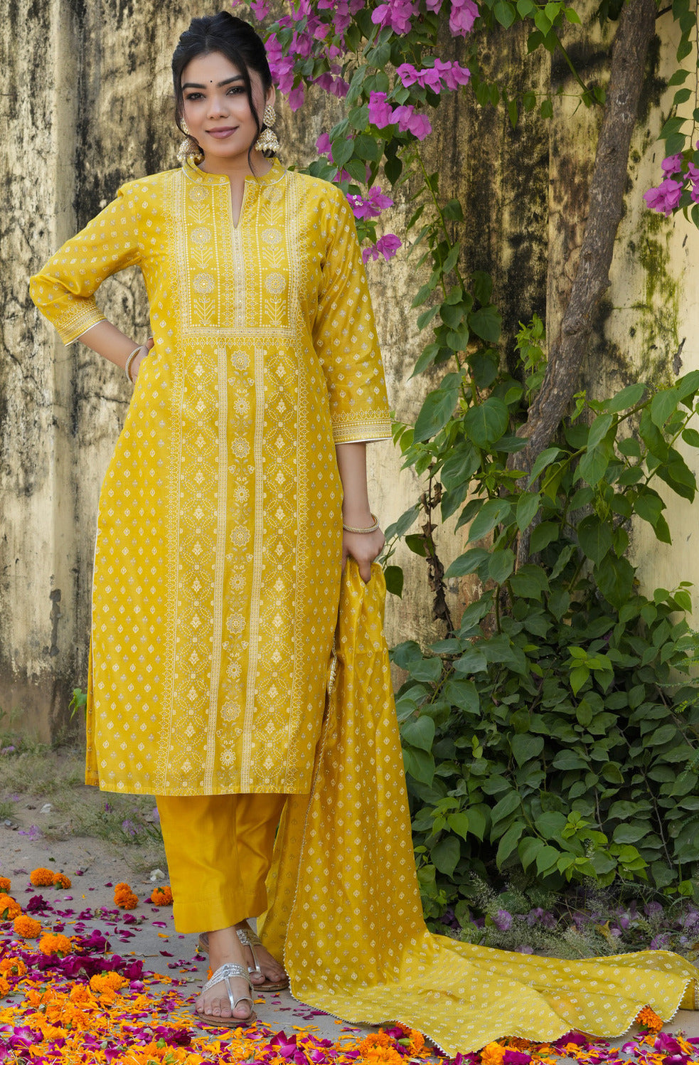 Yellow With Floral Golden Embellished Silk Suit Set