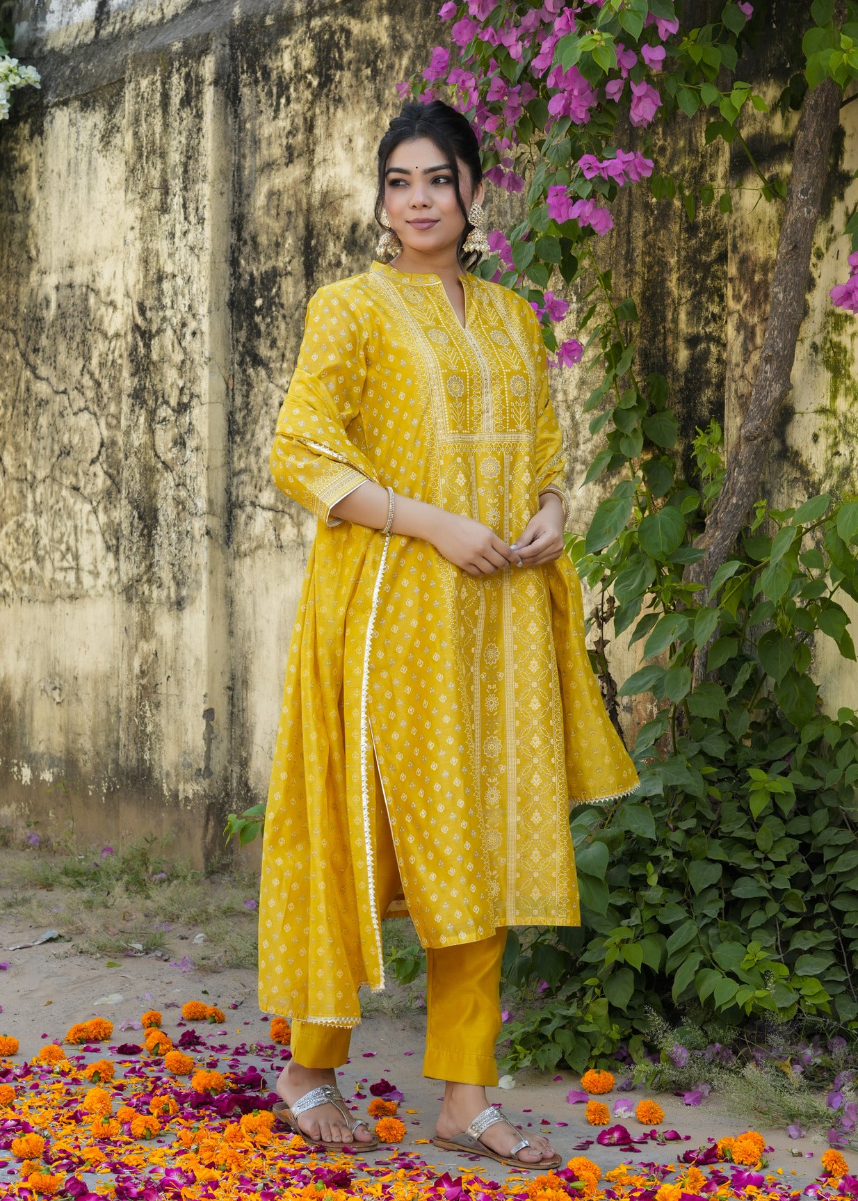 Yellow With Floral Golden Embellished Silk Suit Set