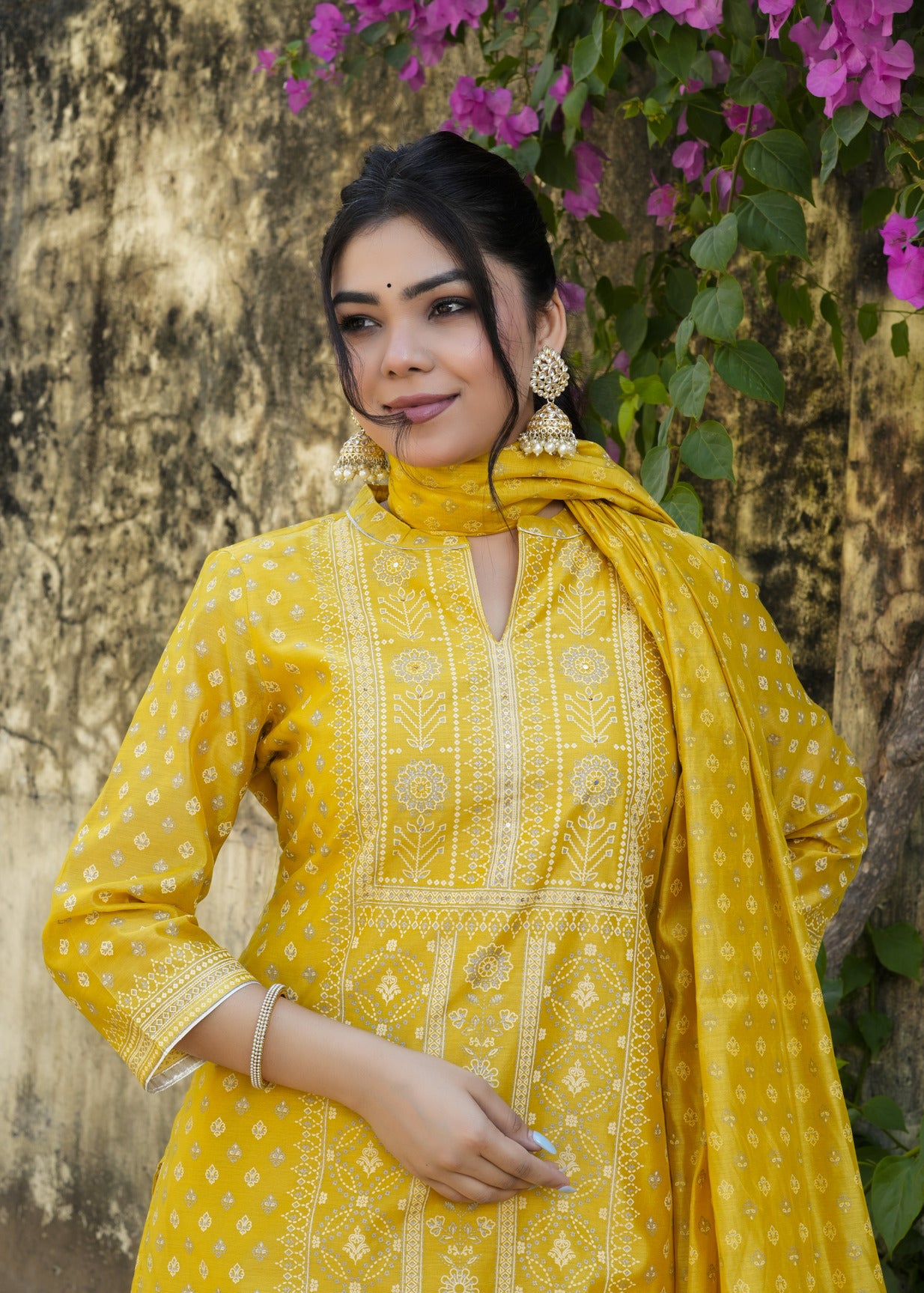 Yellow With Floral Golden Embellished Silk Suit Set