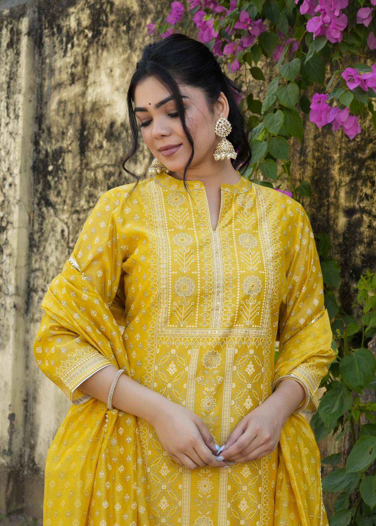 Yellow With Floral Golden Embellished Silk Suit Set