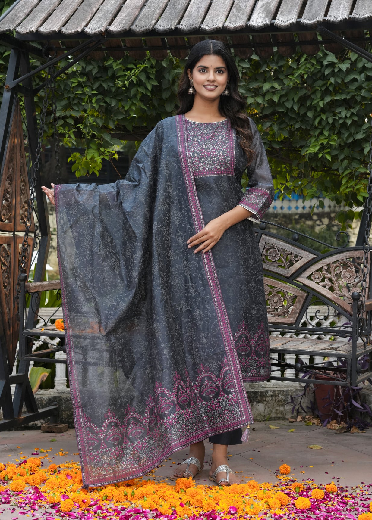 Dark Grey With Floral Embroidered and Embellished Silk Suit Set