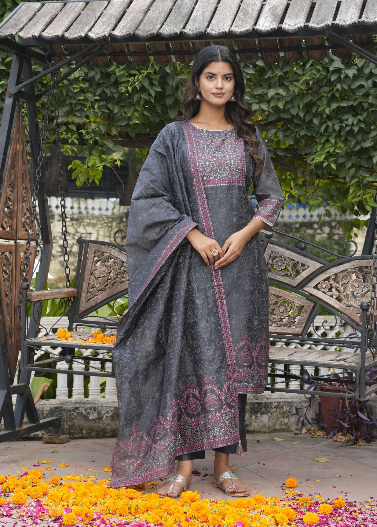 Dark Grey With Floral Embroidered and Embellished Silk Suit Set