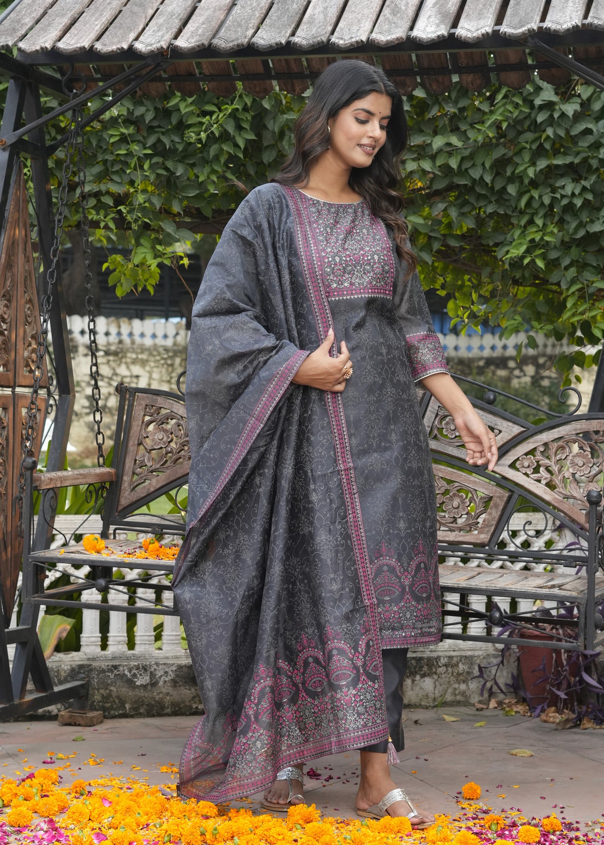 Dark Grey With Floral Embroidered and Embellished Silk Suit Set