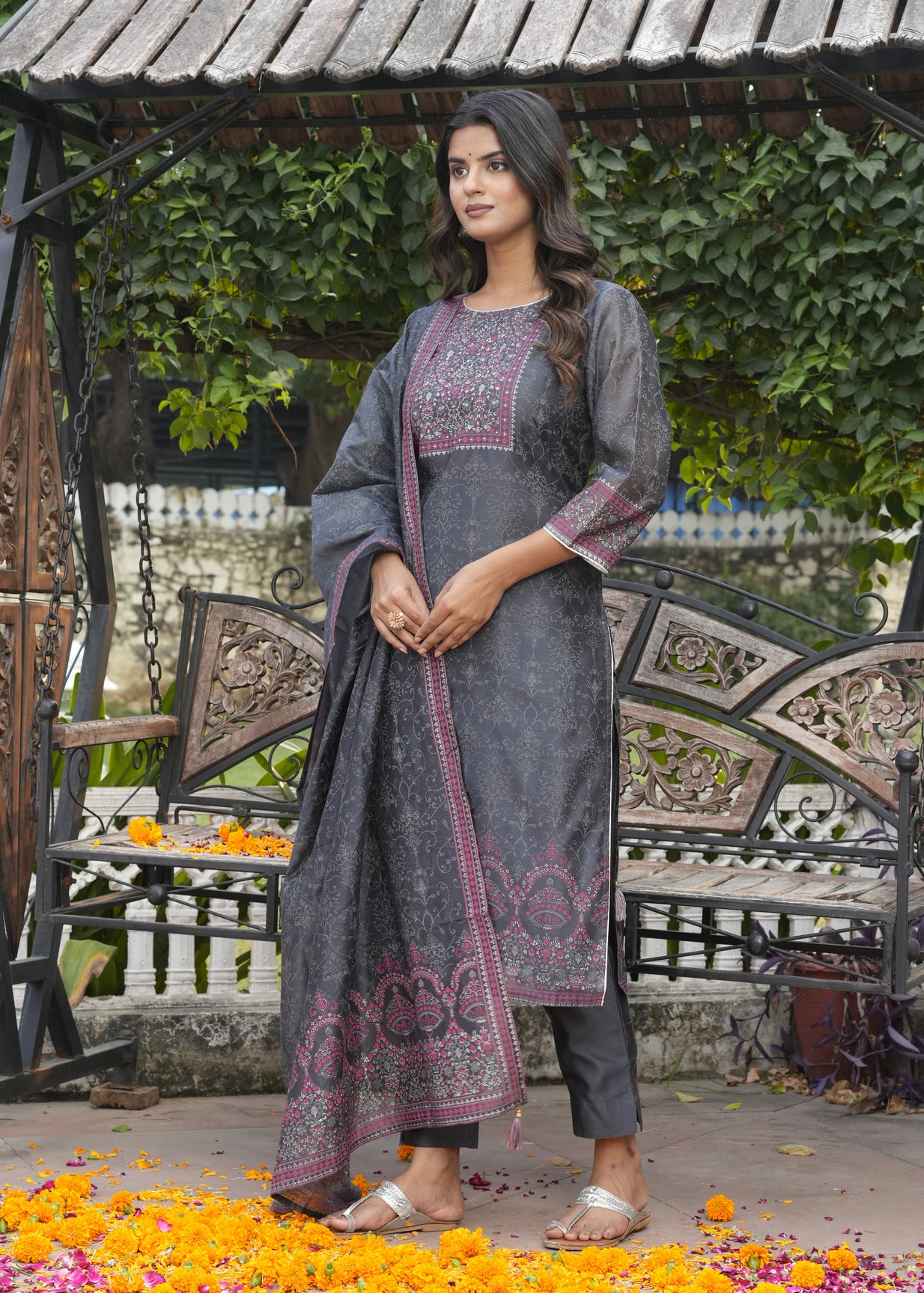 Dark Grey With Floral Embroidered and Embellished Silk Suit Set