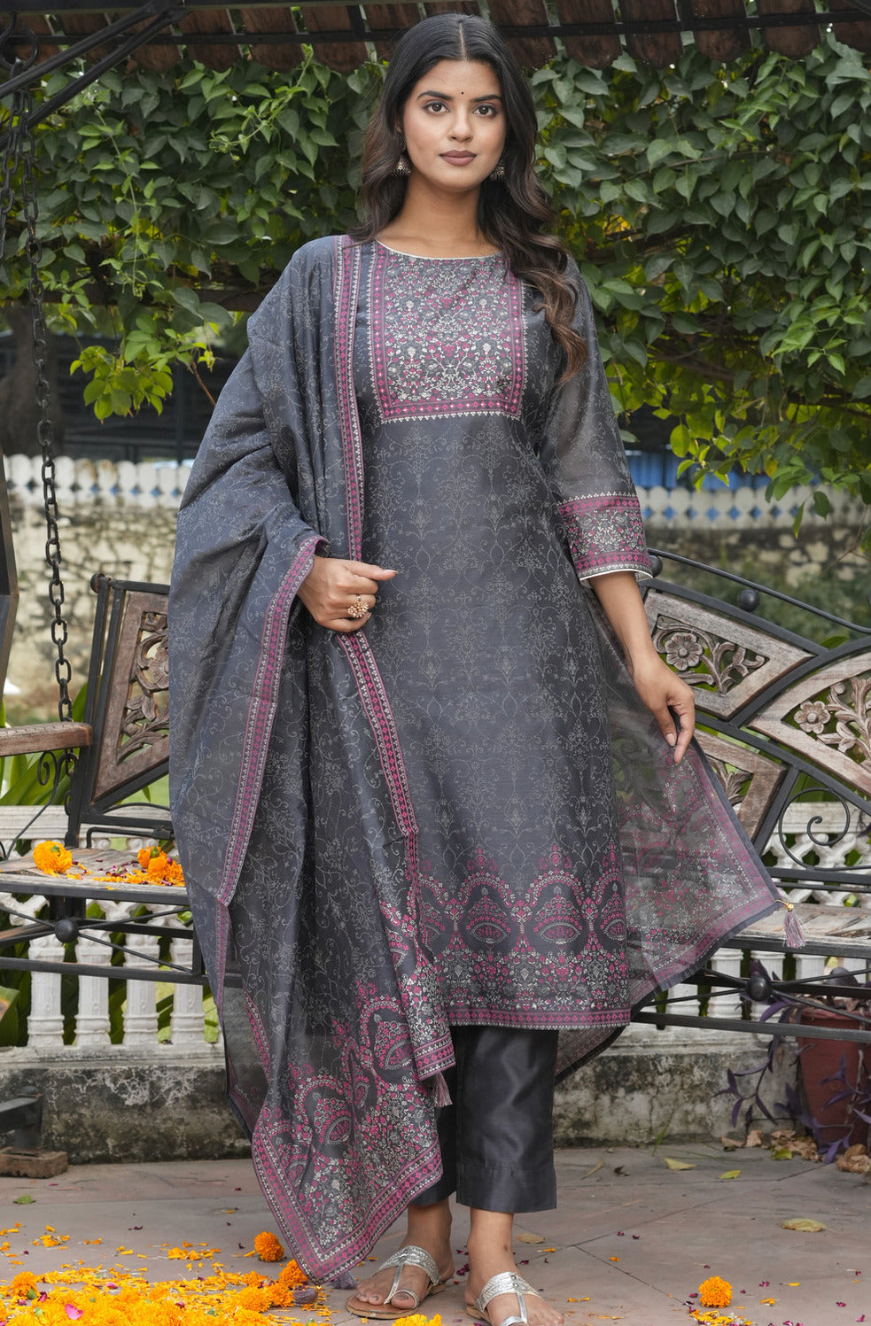 Dark Grey With Floral Embroidered and Embellished Silk Suit Set