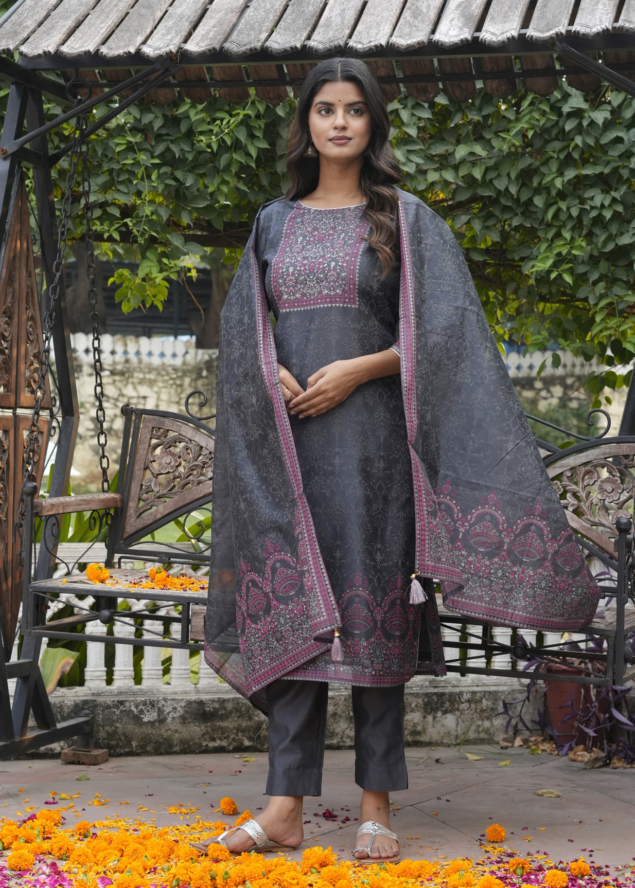 Dark Grey With Floral Embroidered and Embellished Silk Suit Set