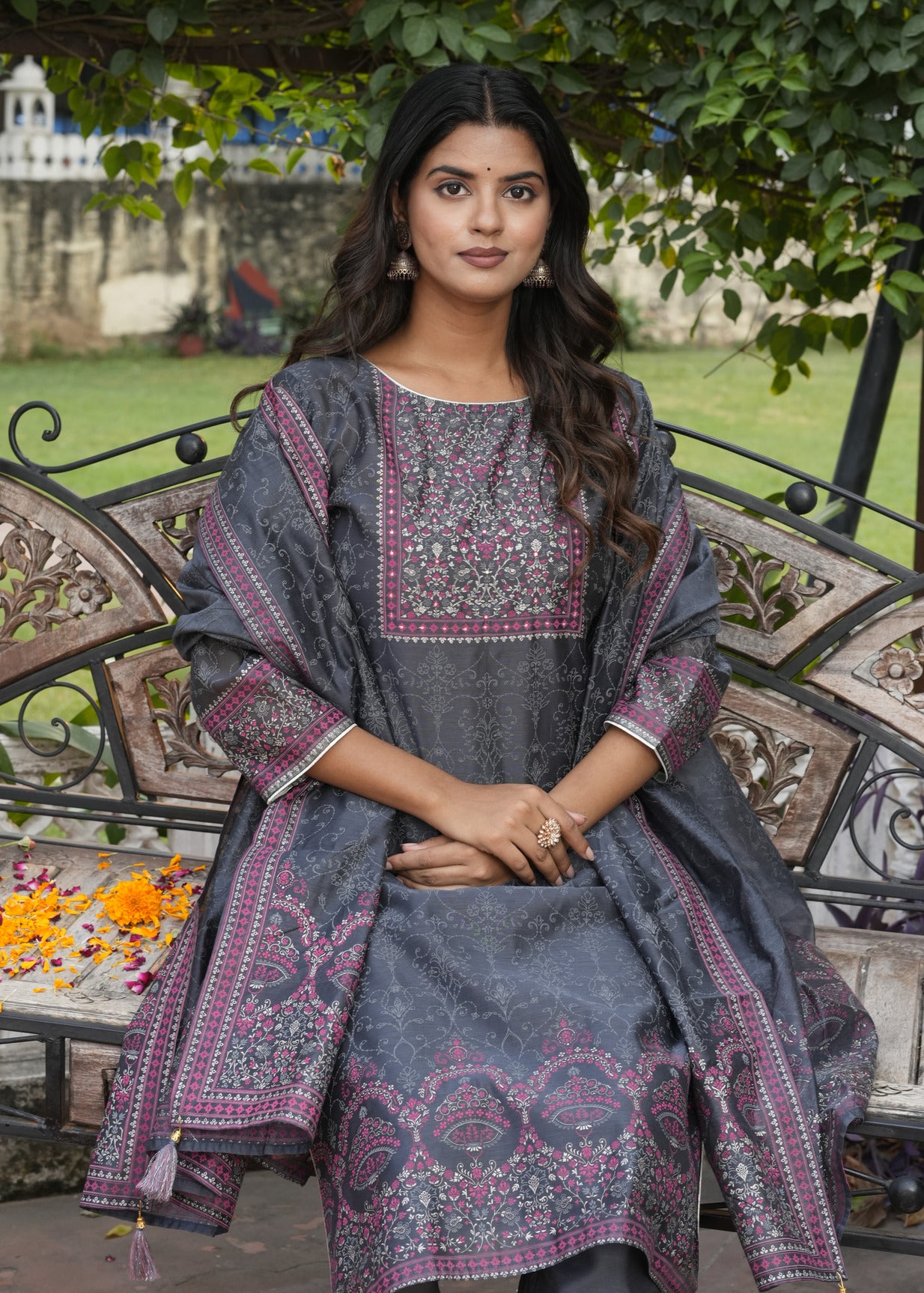 Dark Grey With Floral Embroidered and Embellished Silk Suit Set