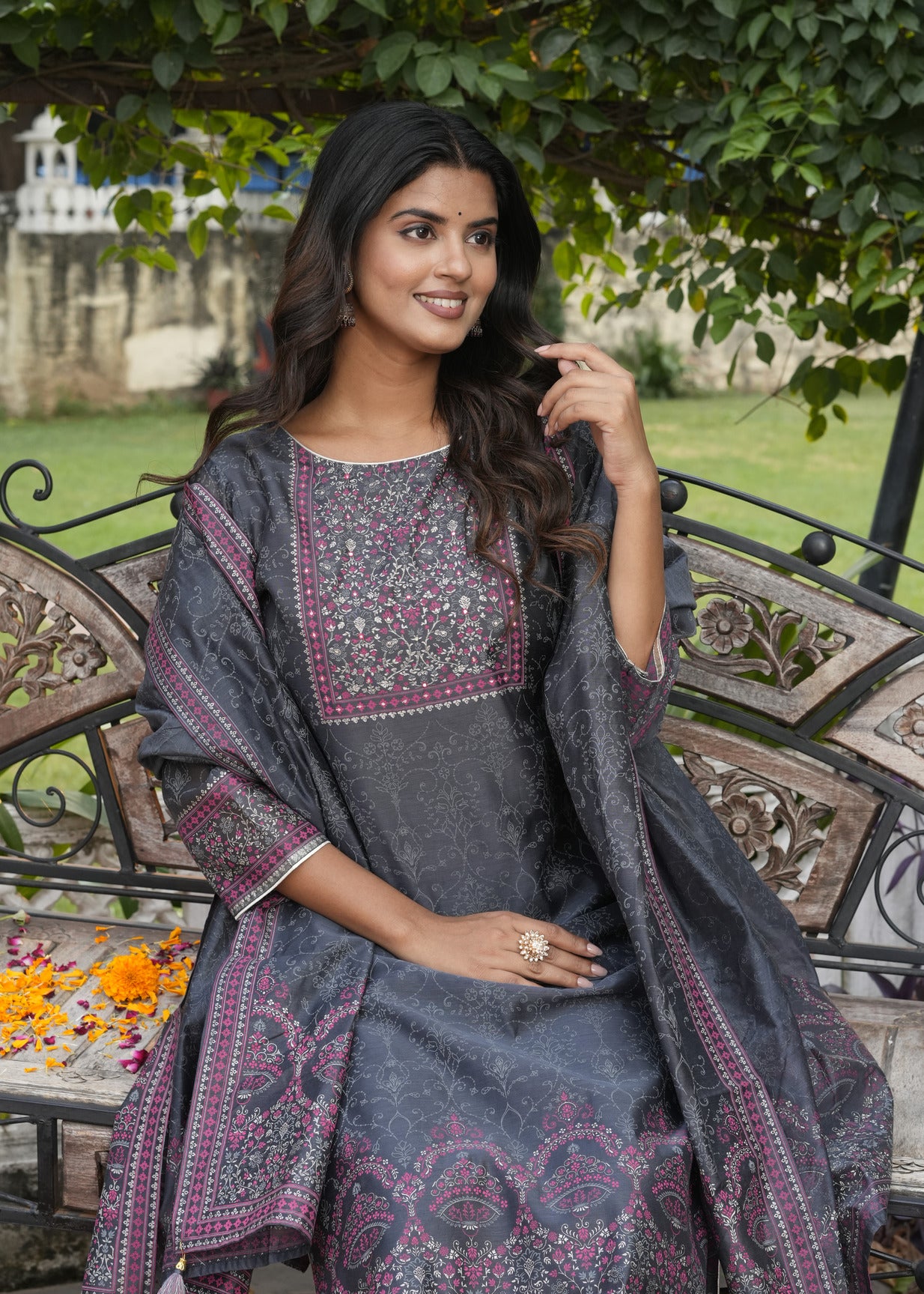 Dark Grey With Floral Embroidered and Embellished Silk Suit Set