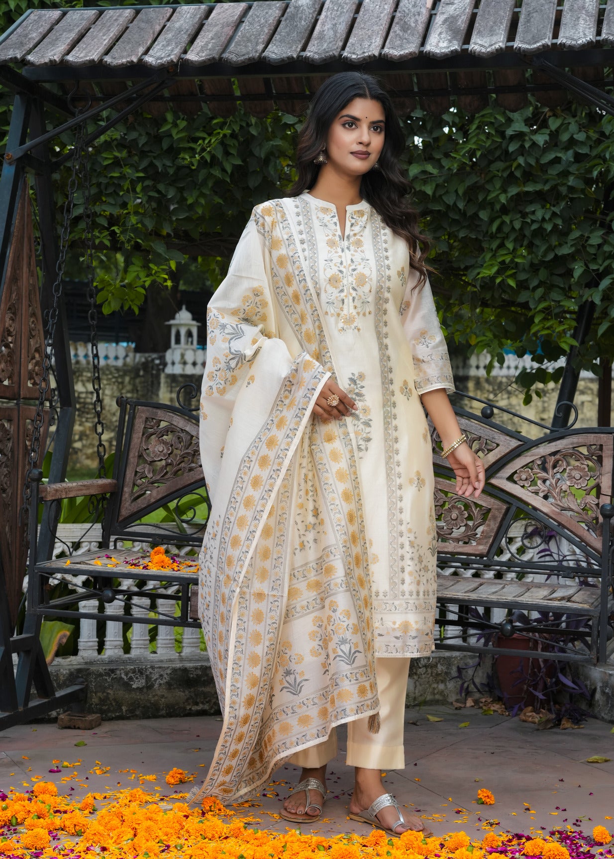 Cream With Floral Embroidered and Embellished Silk Suit Set