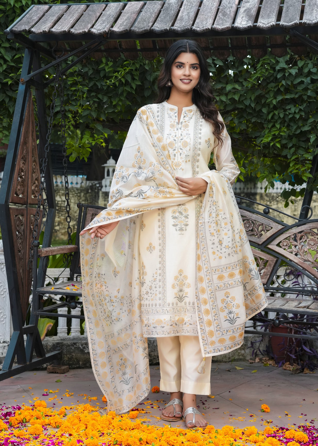 Cream With Floral Embroidered and Embellished Silk Suit Set