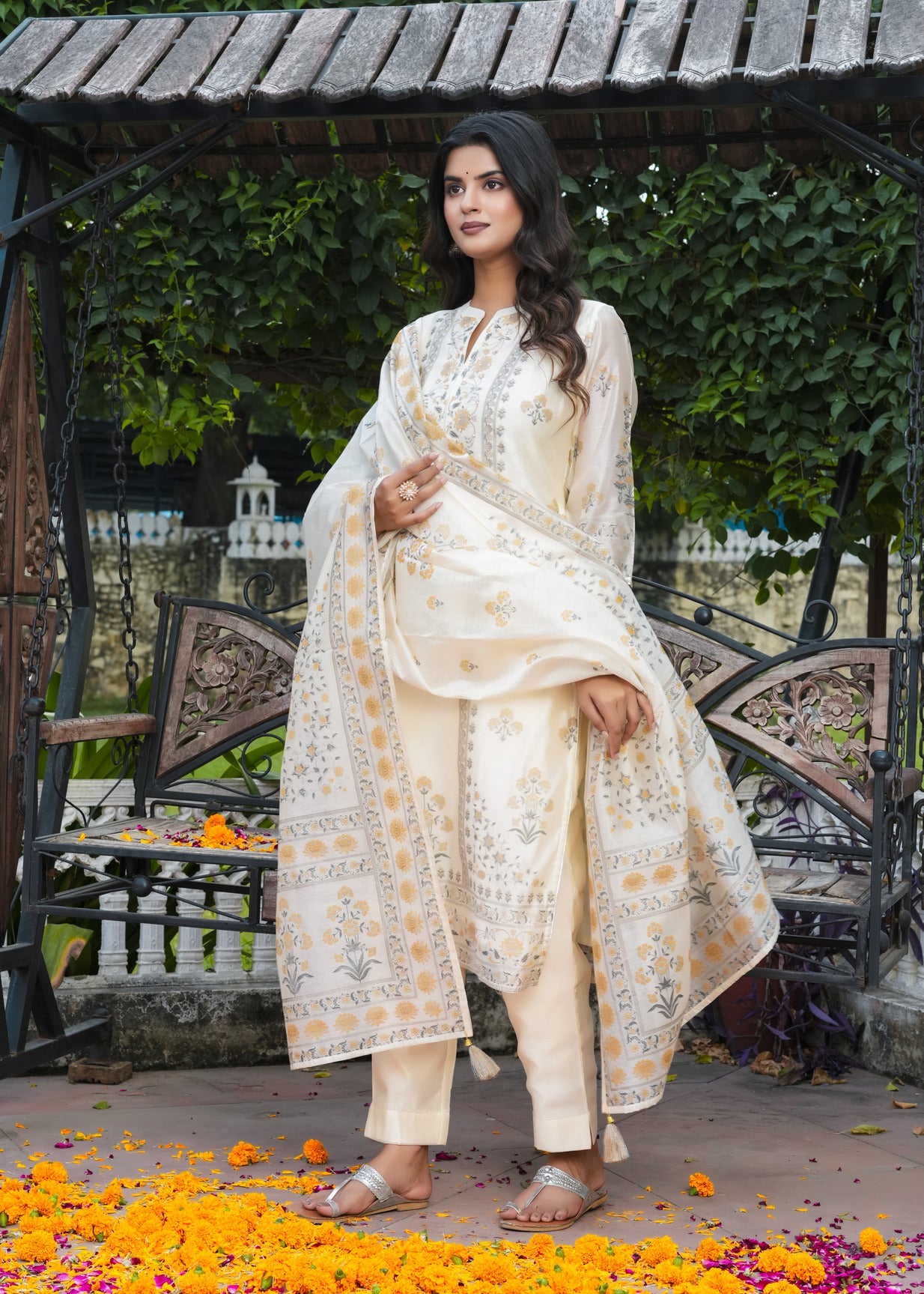 Cream With Floral Embroidered and Embellished Silk Suit Set