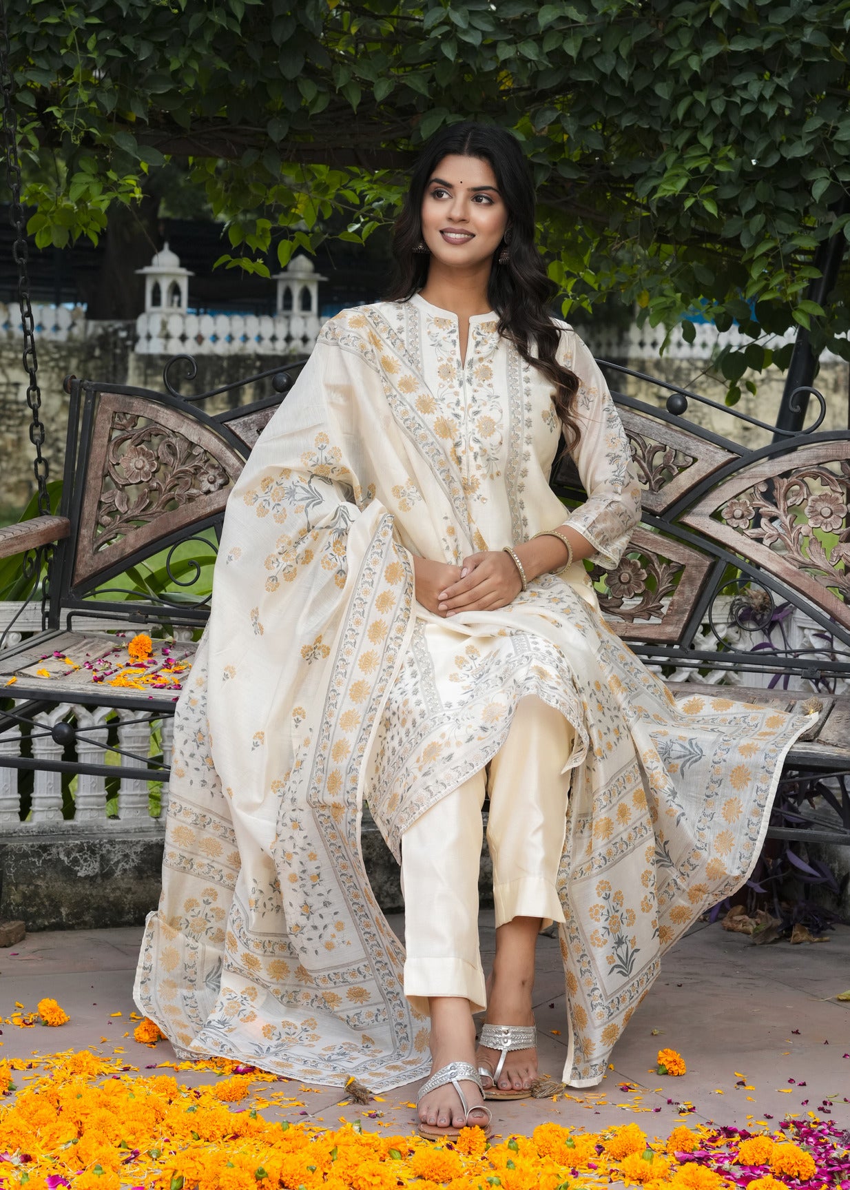 Cream With Floral Embroidered and Embellished Silk Suit Set