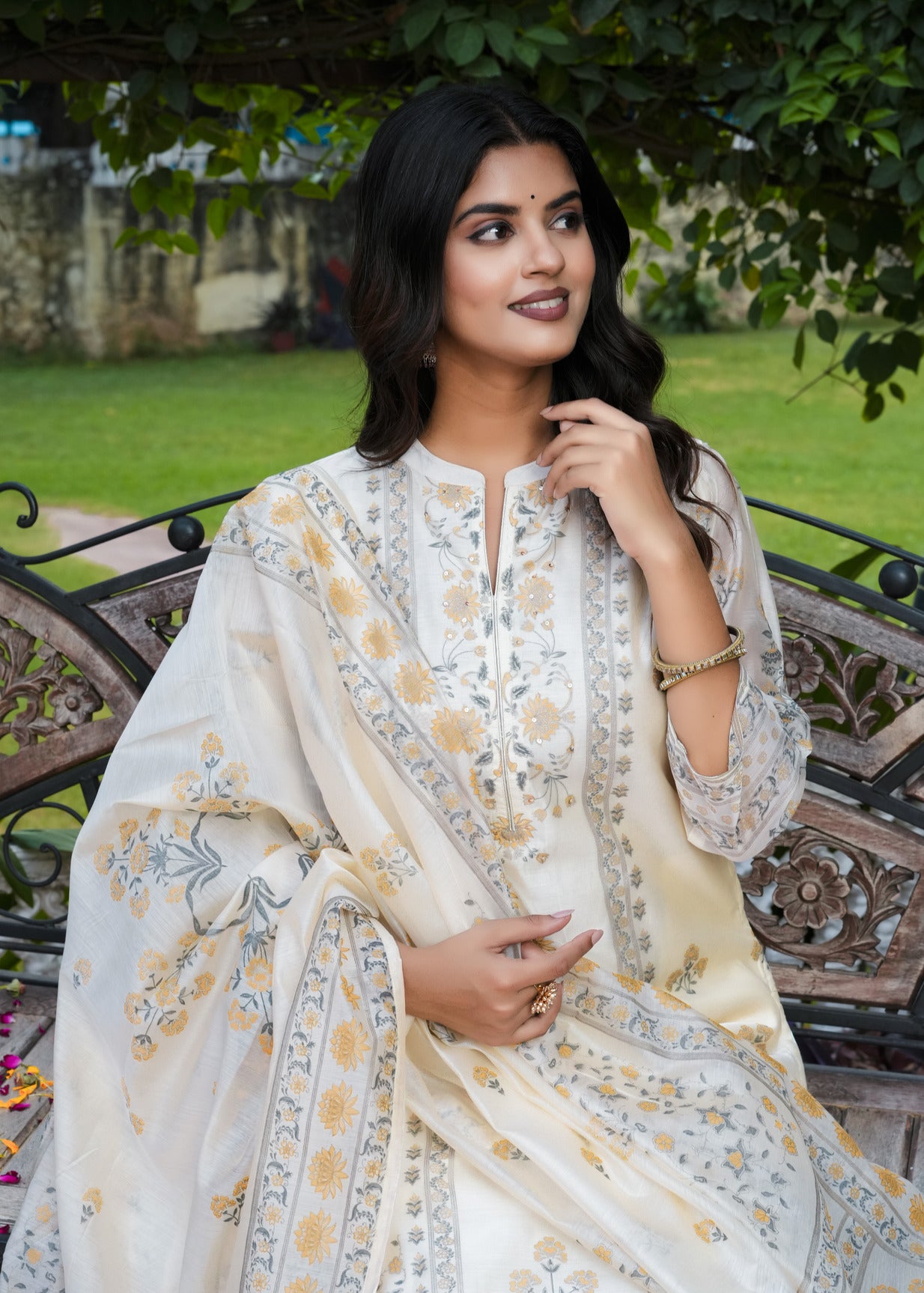 Cream With Floral Embroidered and Embellished Silk Suit Set