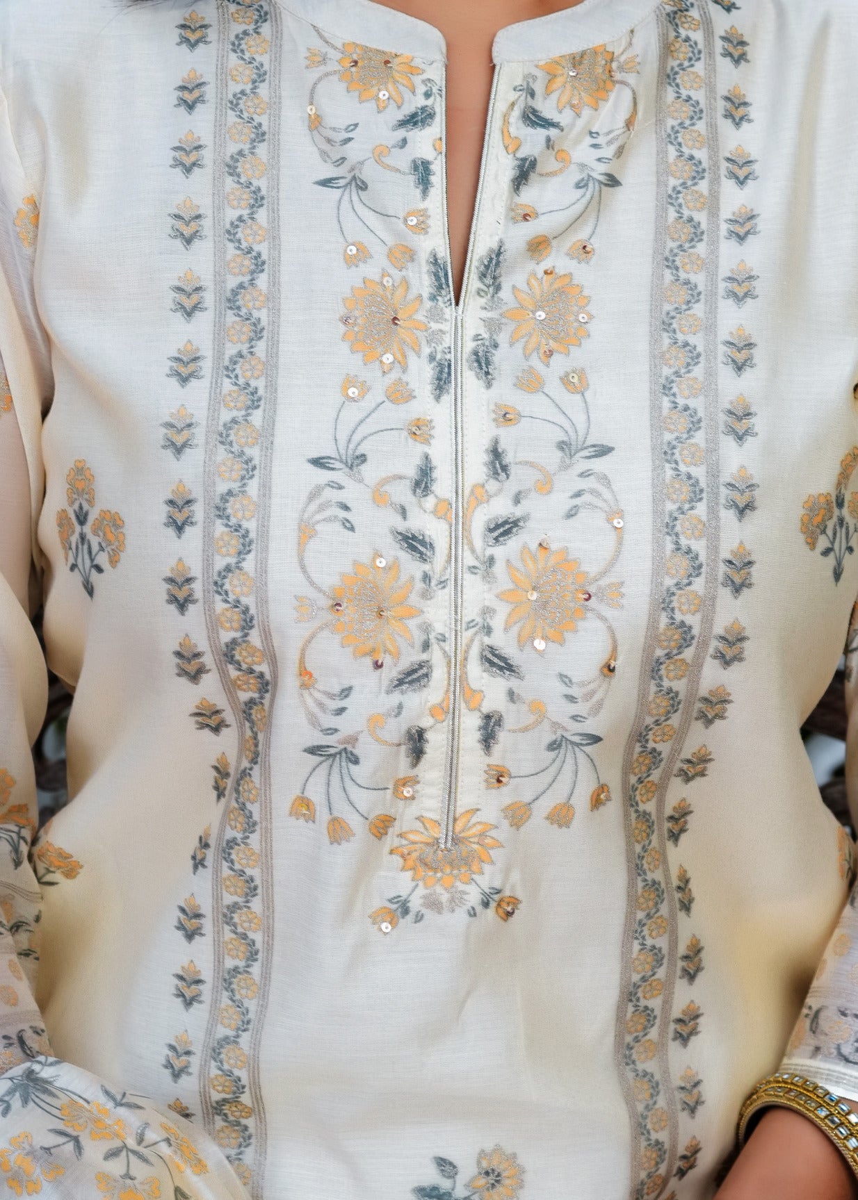 Cream With Floral Embroidered and Embellished Silk Suit Set