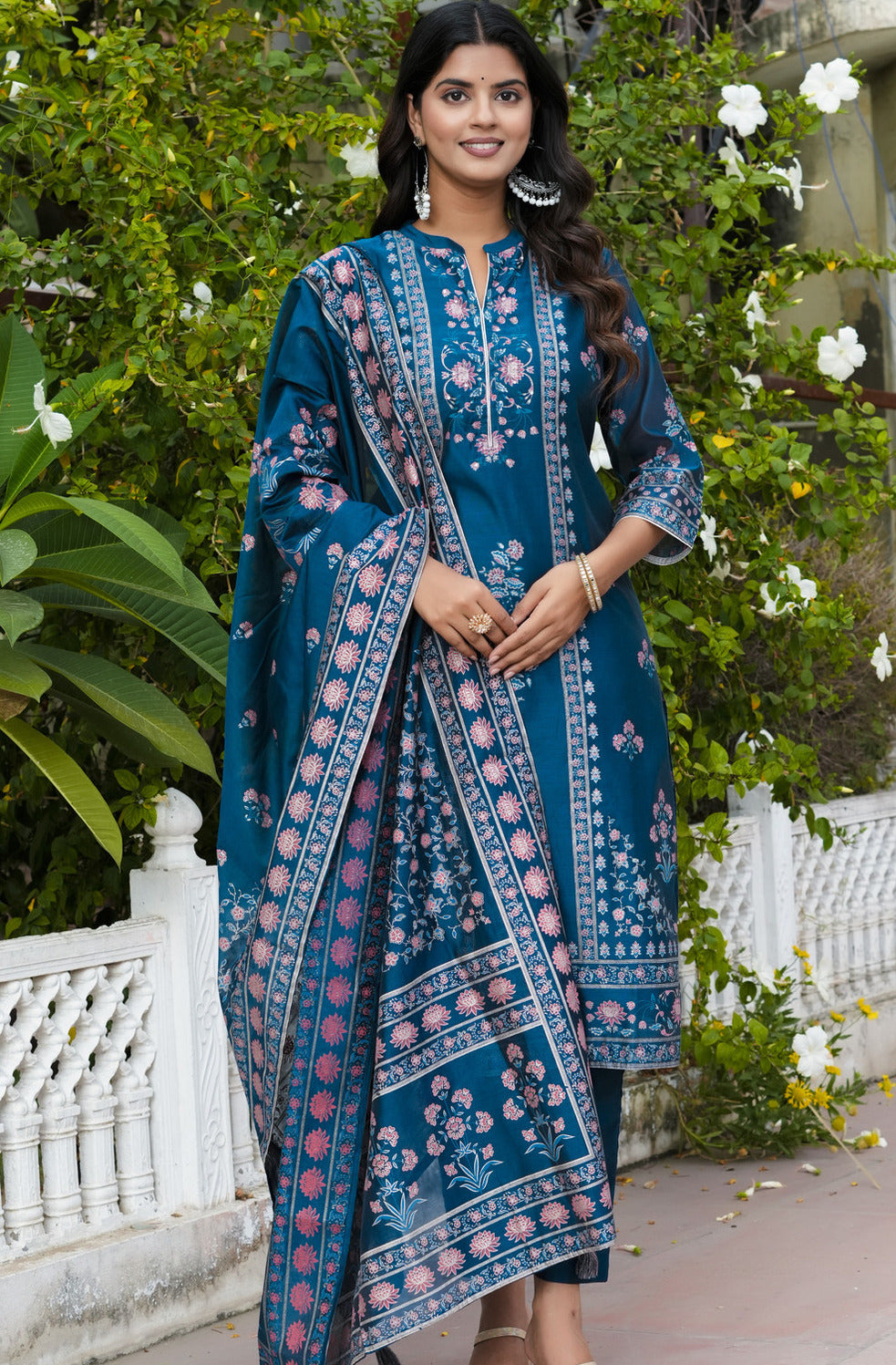 Navy Blue With Floral Embellished Silk Suit Set