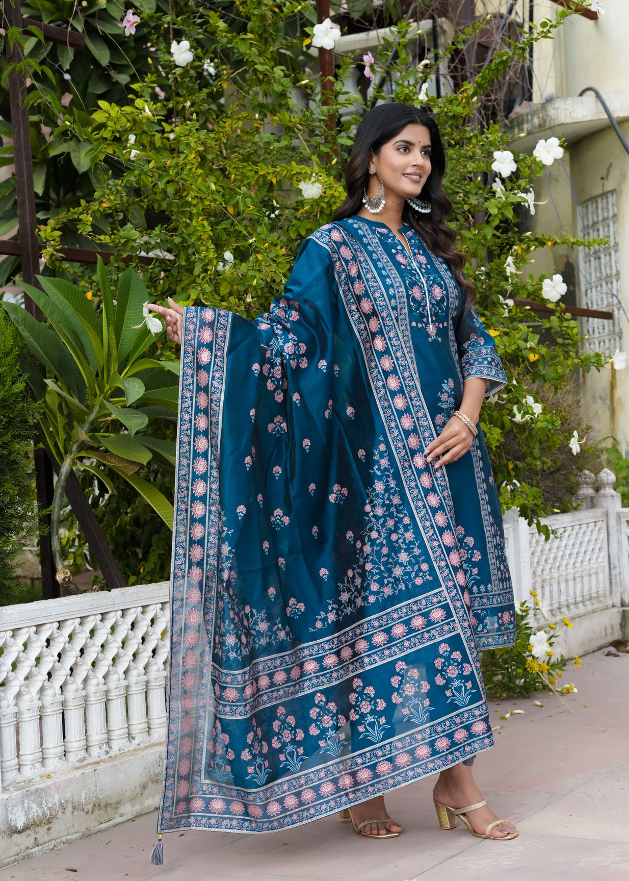 Navy Blue With Floral Embellished Silk Suit Set