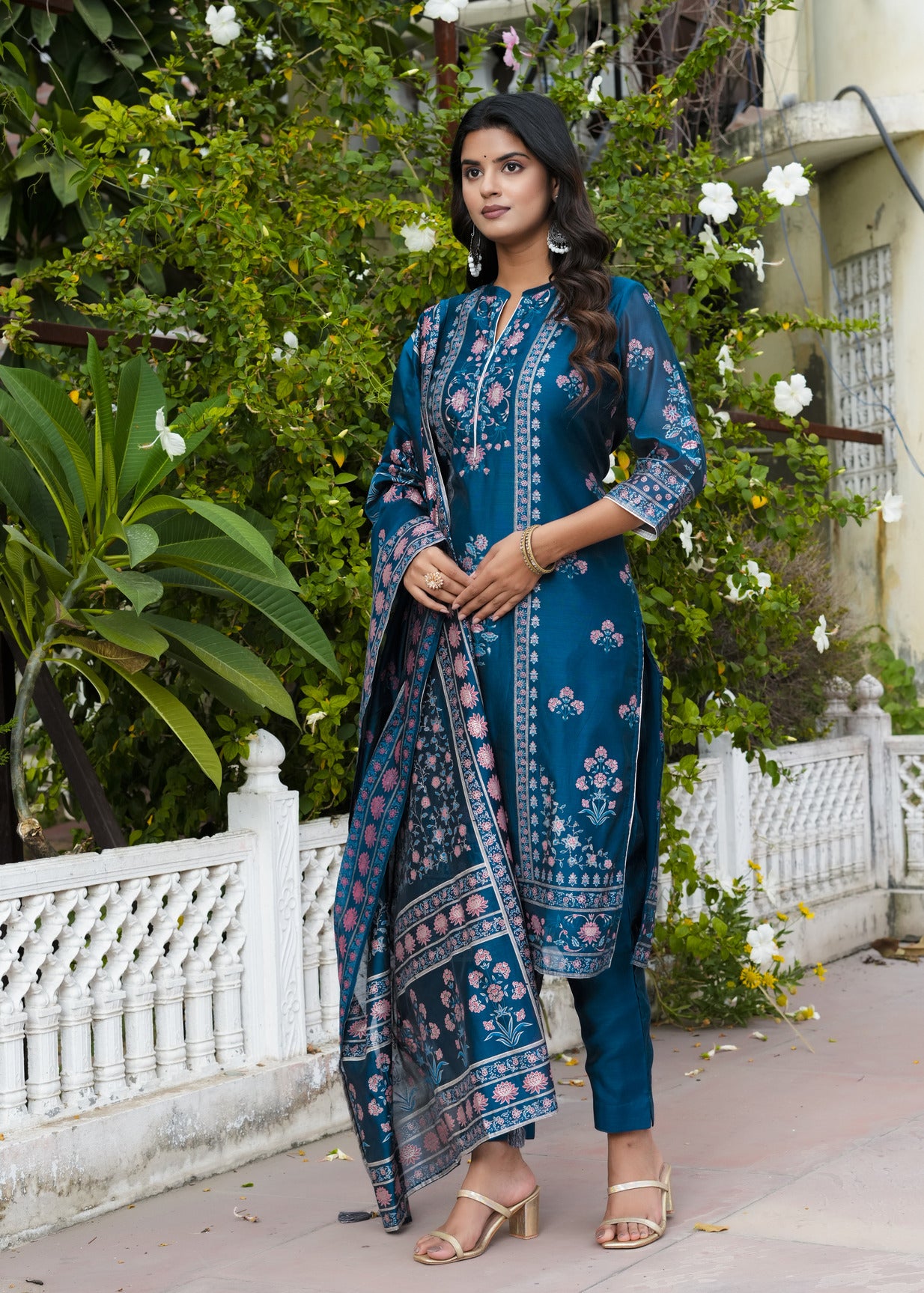 Navy Blue With Floral Embellished Silk Suit Set