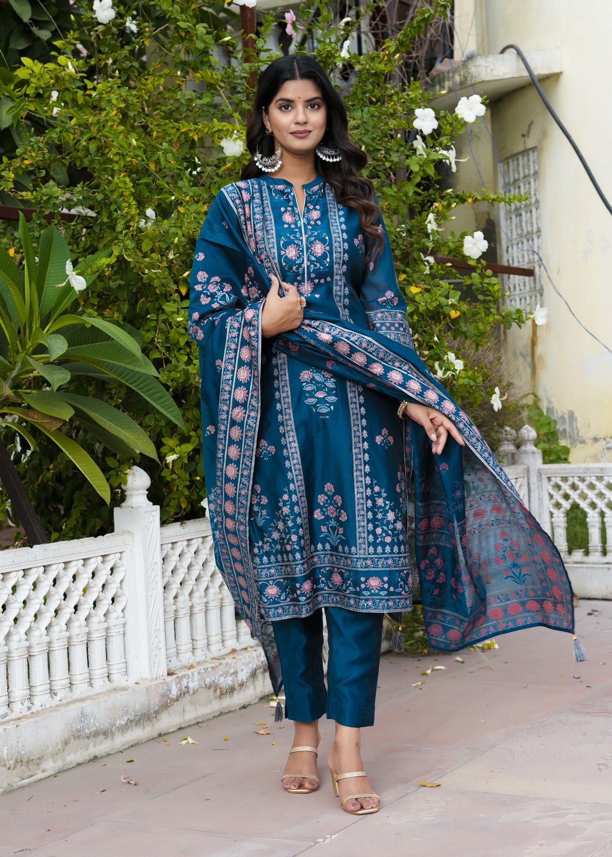 Navy Blue With Floral Embellished Silk Suit Set