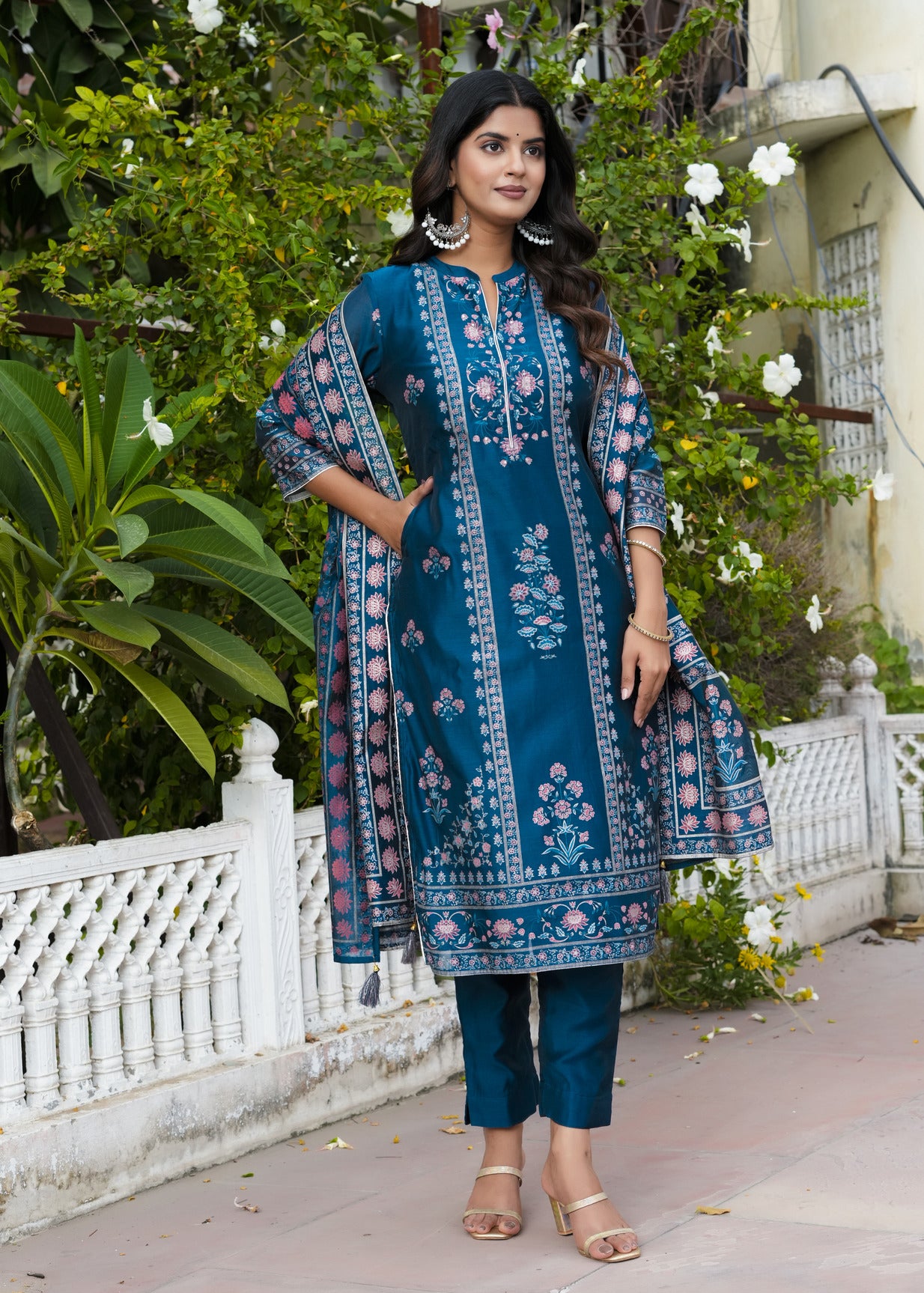 Navy Blue With Floral Embellished Silk Suit Set