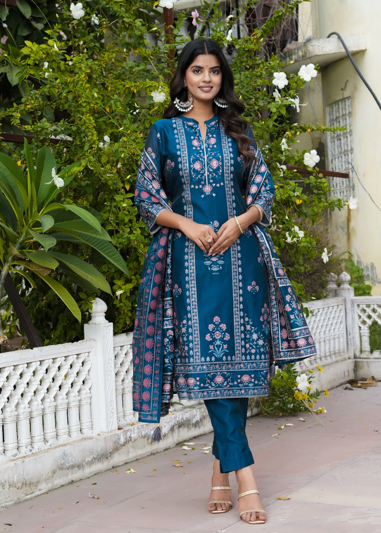 Navy Blue With Floral Embellished Silk Suit Set