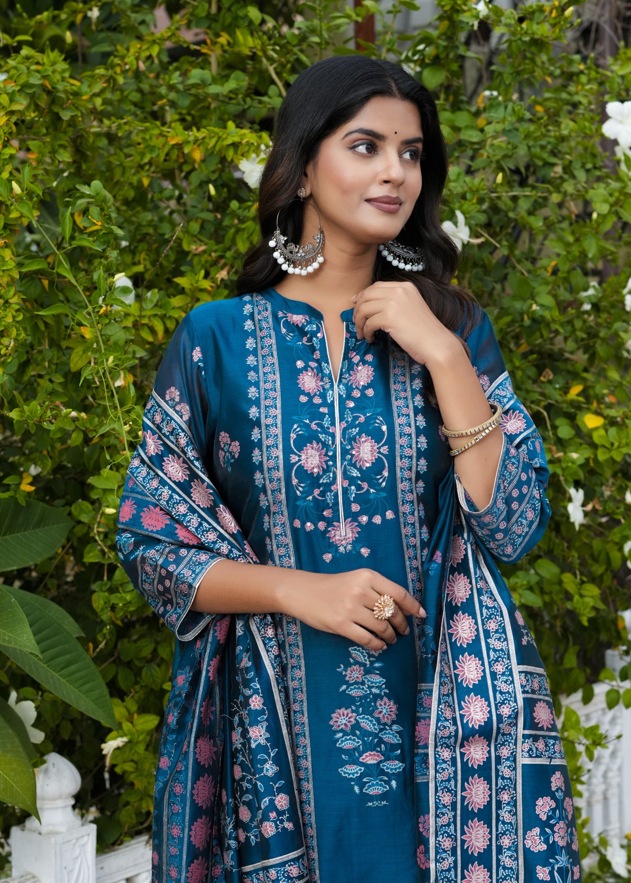 Navy Blue With Floral Embellished Silk Suit Set