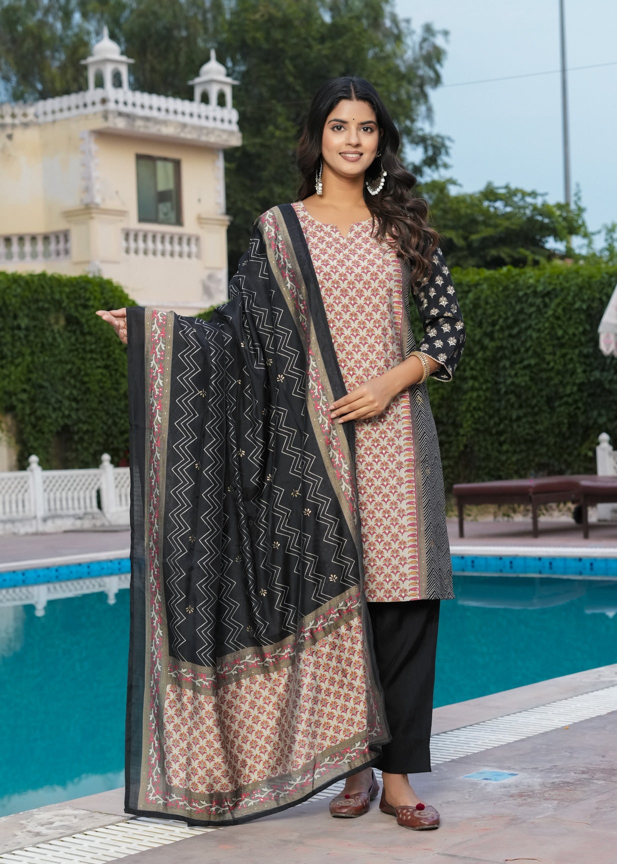 Black With Dark Pink Floral Embroidered and Embellished Maslin Suit Set