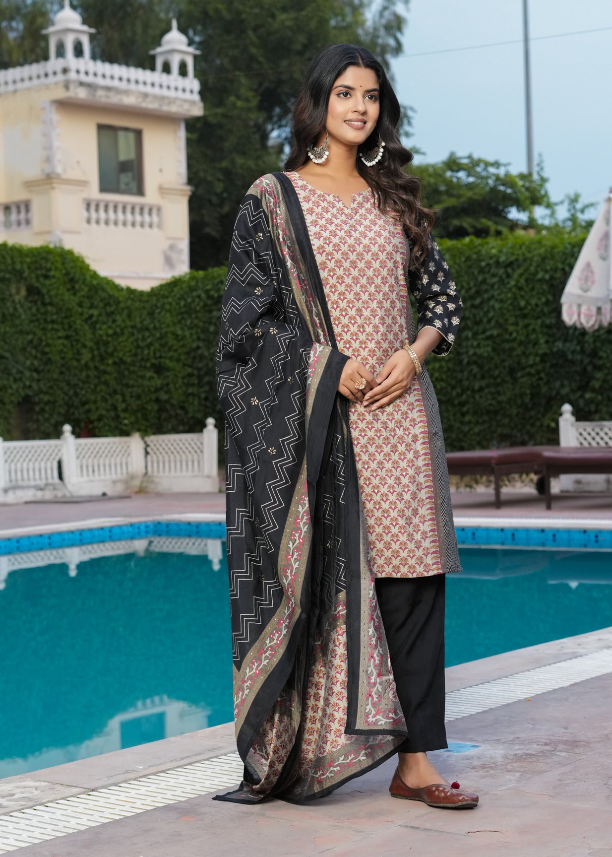 Black With Dark Pink Floral Embroidered and Embellished Maslin Suit Set