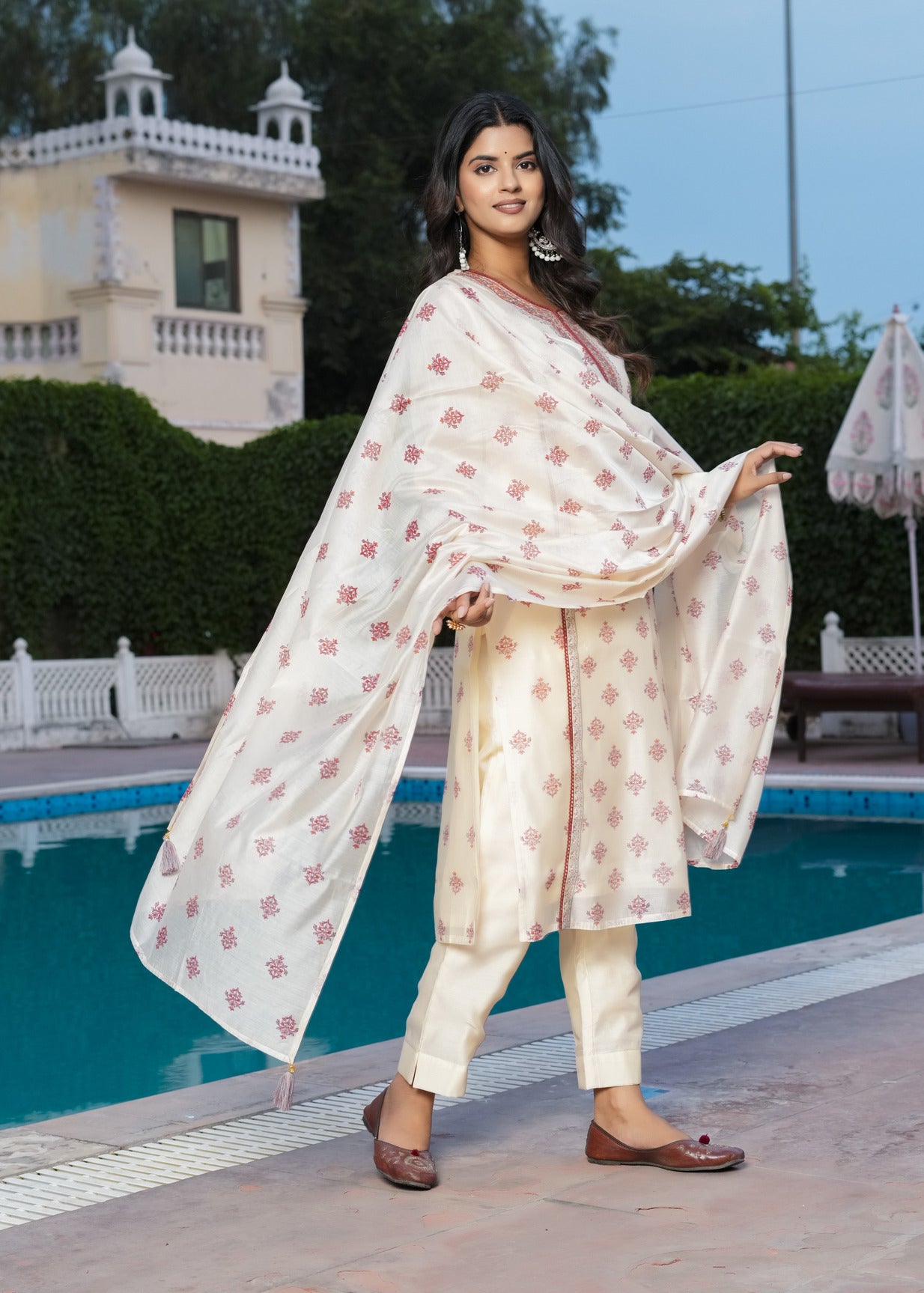 Cream With Floral Embroidered and Embellished Silk Suit Set