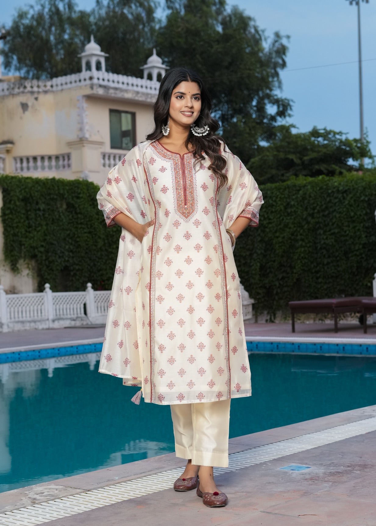 Cream With Floral Embroidered and Embellished Silk Suit Set