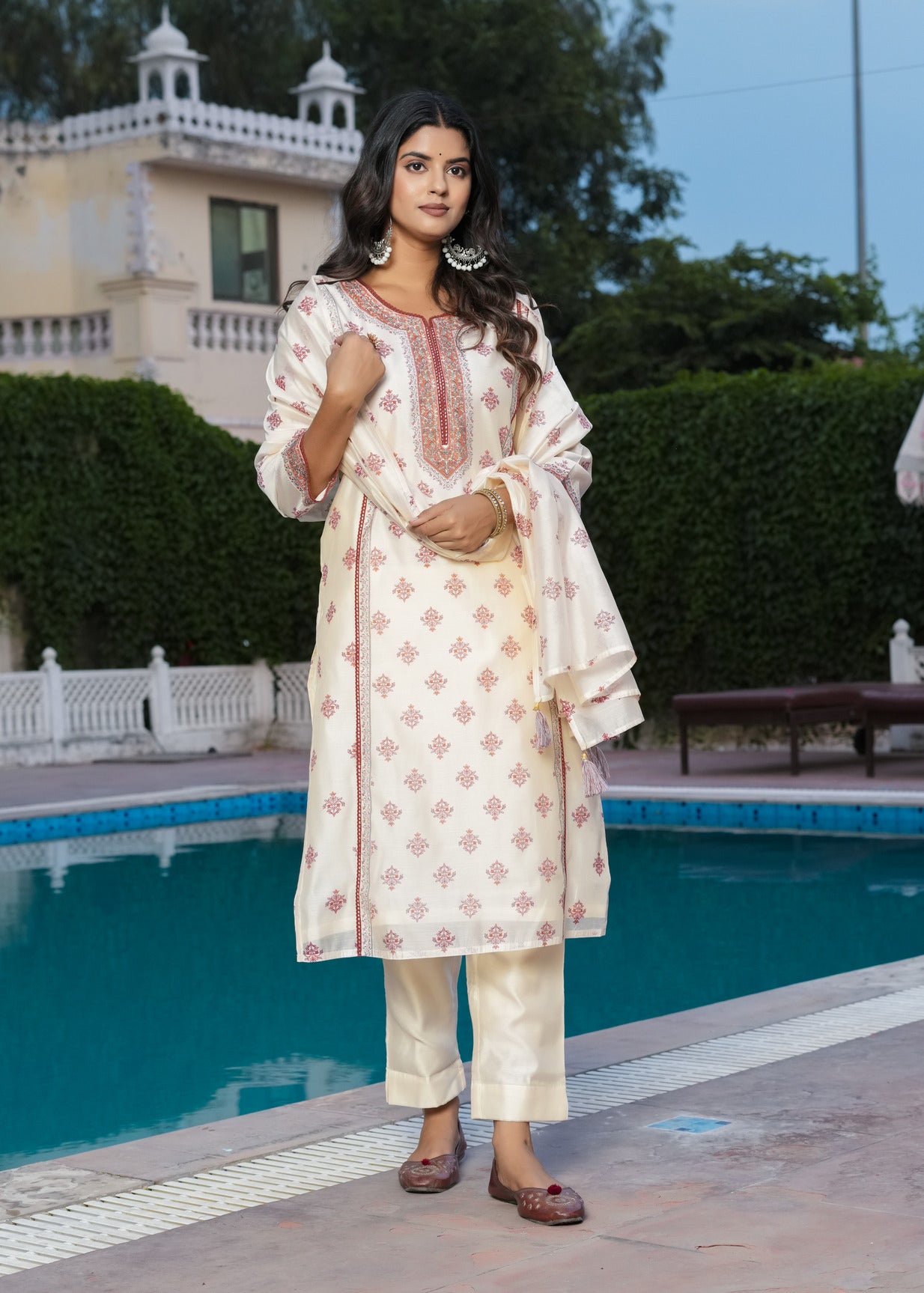 Cream With Floral Embroidered and Embellished Silk Suit Set