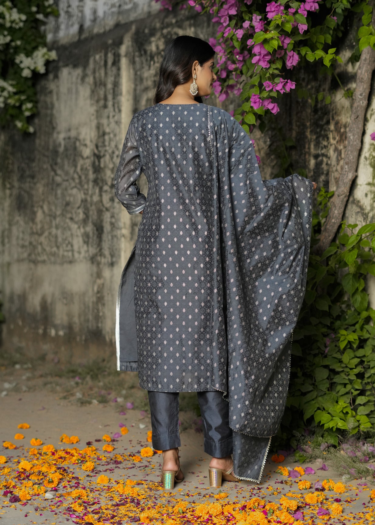 Slate Grey With Floral Embroidered and Embellished Silk Suit Set