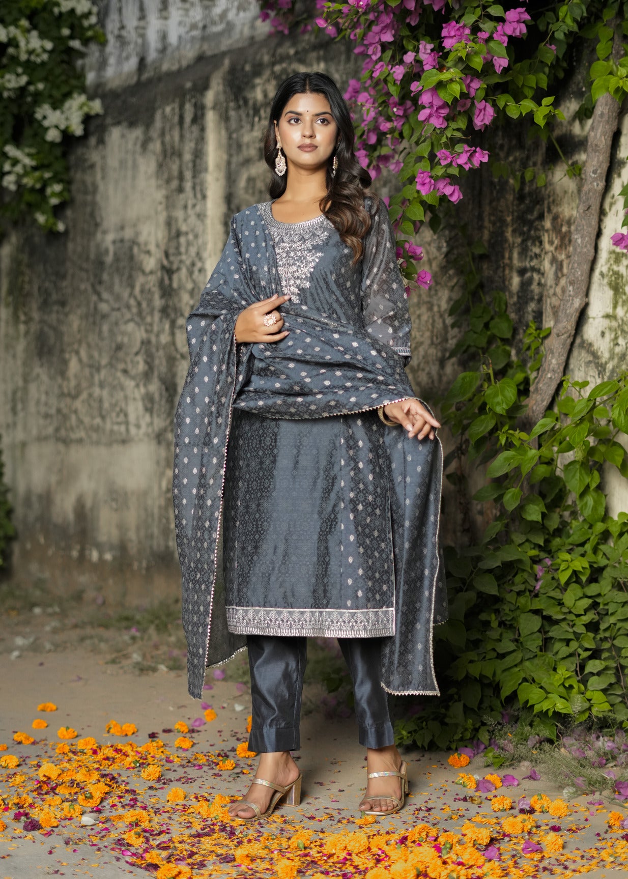 Slate Grey With Floral Embroidered and Embellished Silk Suit Set