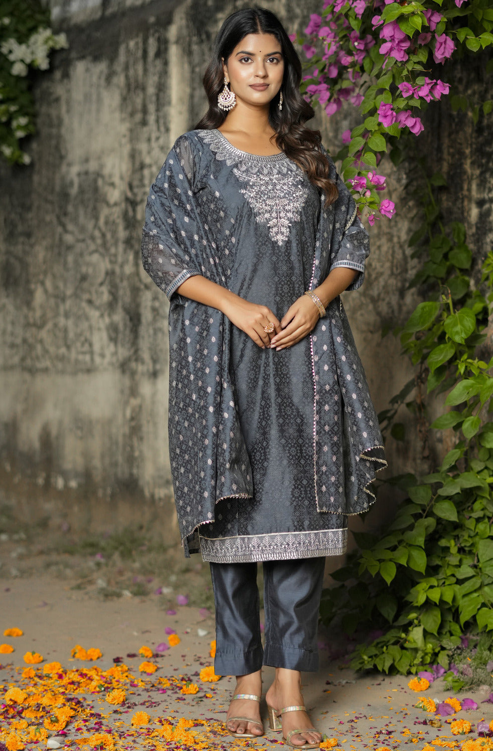 Slate Grey With Floral Embroidered and Embellished Silk Suit Set