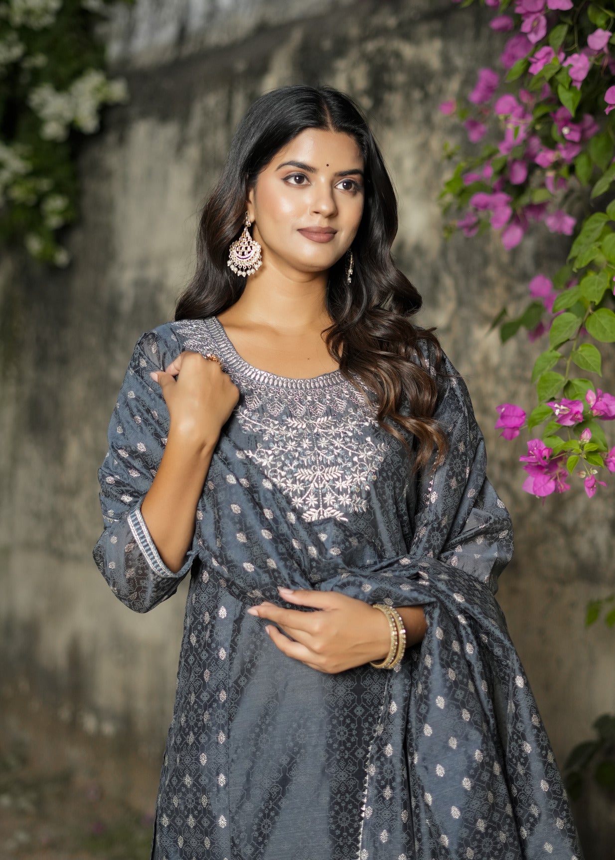 Slate Grey With Floral Embroidered and Embellished Silk Suit Set