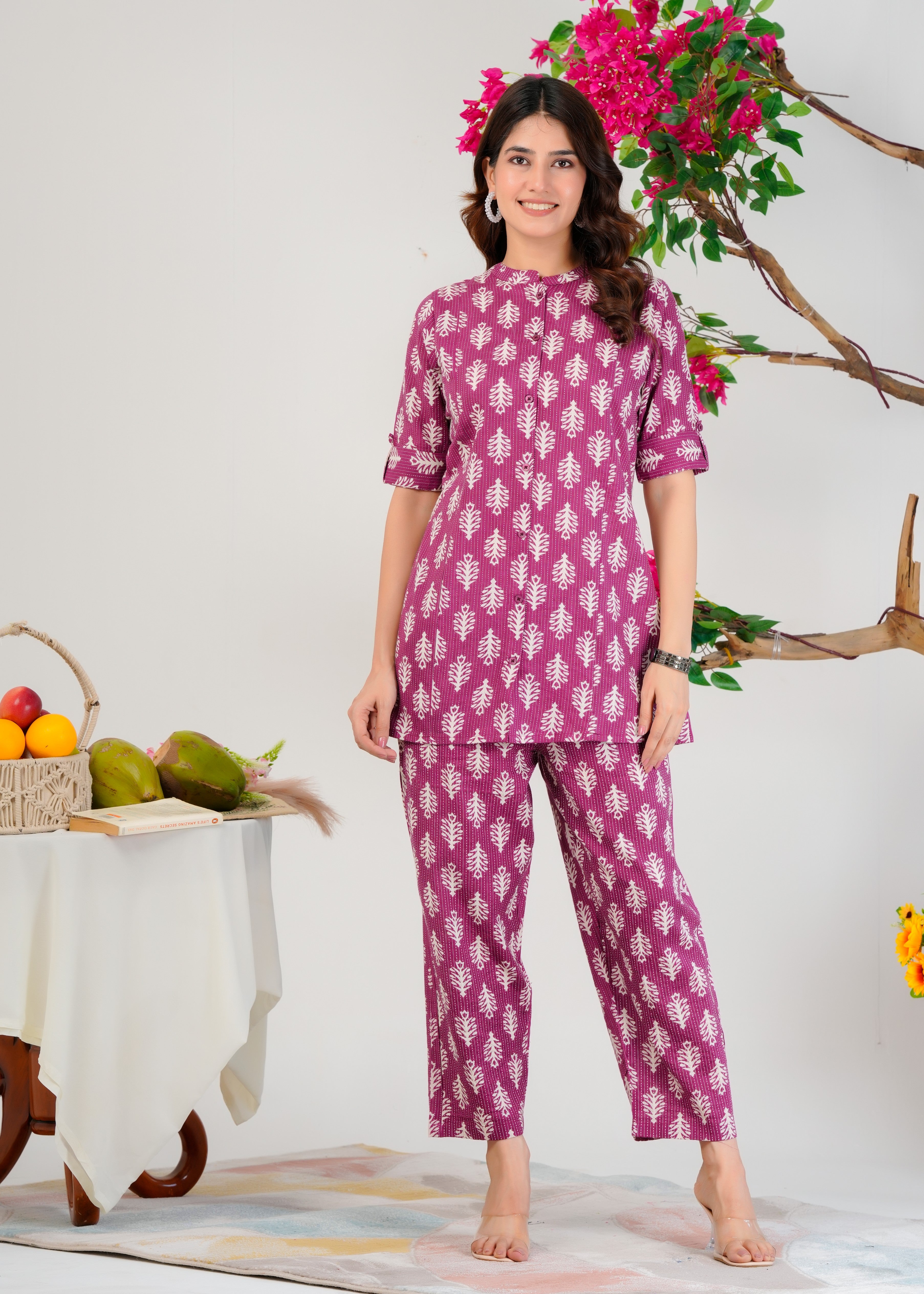 Purple Cotton Co-Ord Set With A Colored Floral Block Print