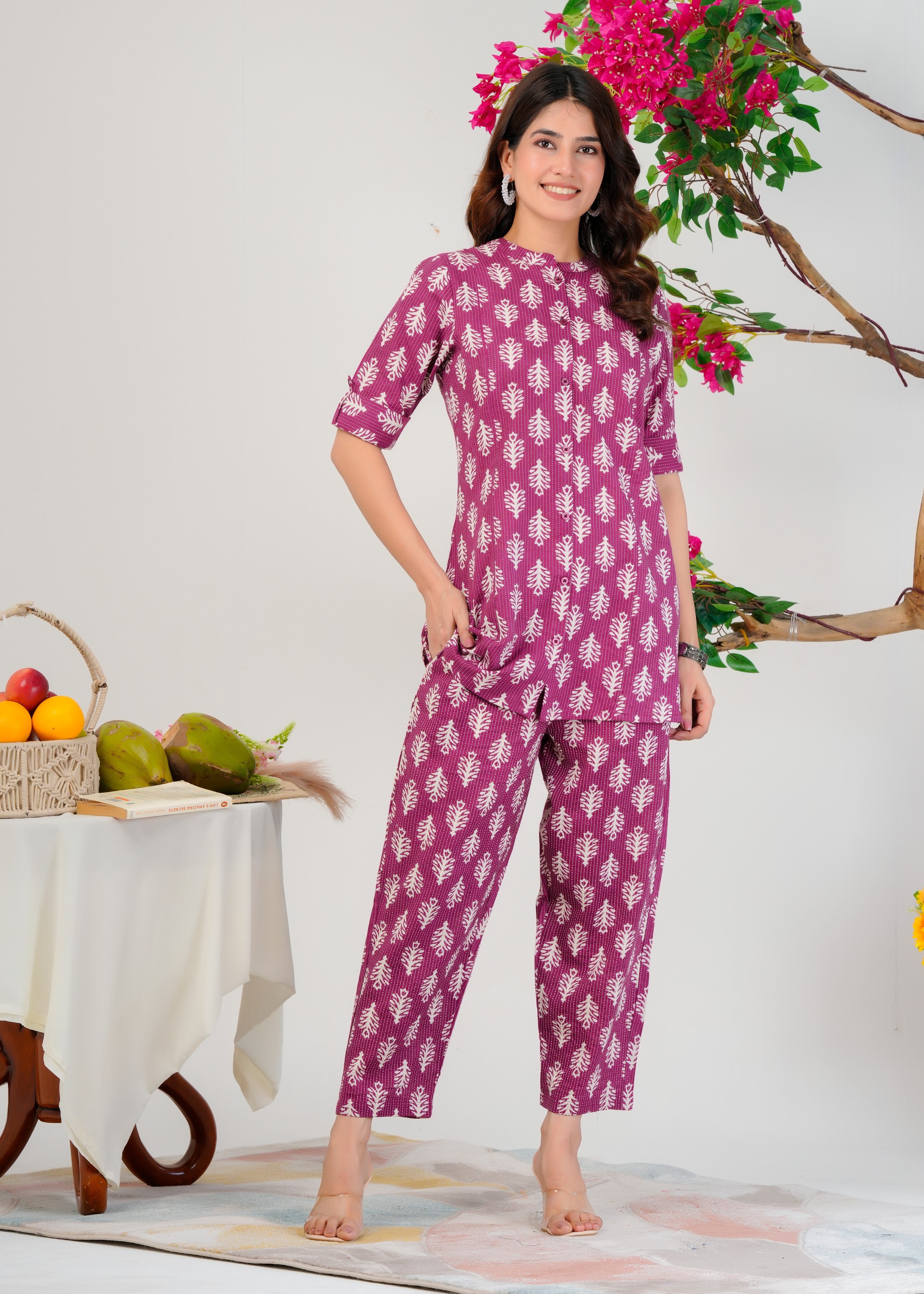 Purple Cotton Co-Ord Set With A Colored Floral Block Print