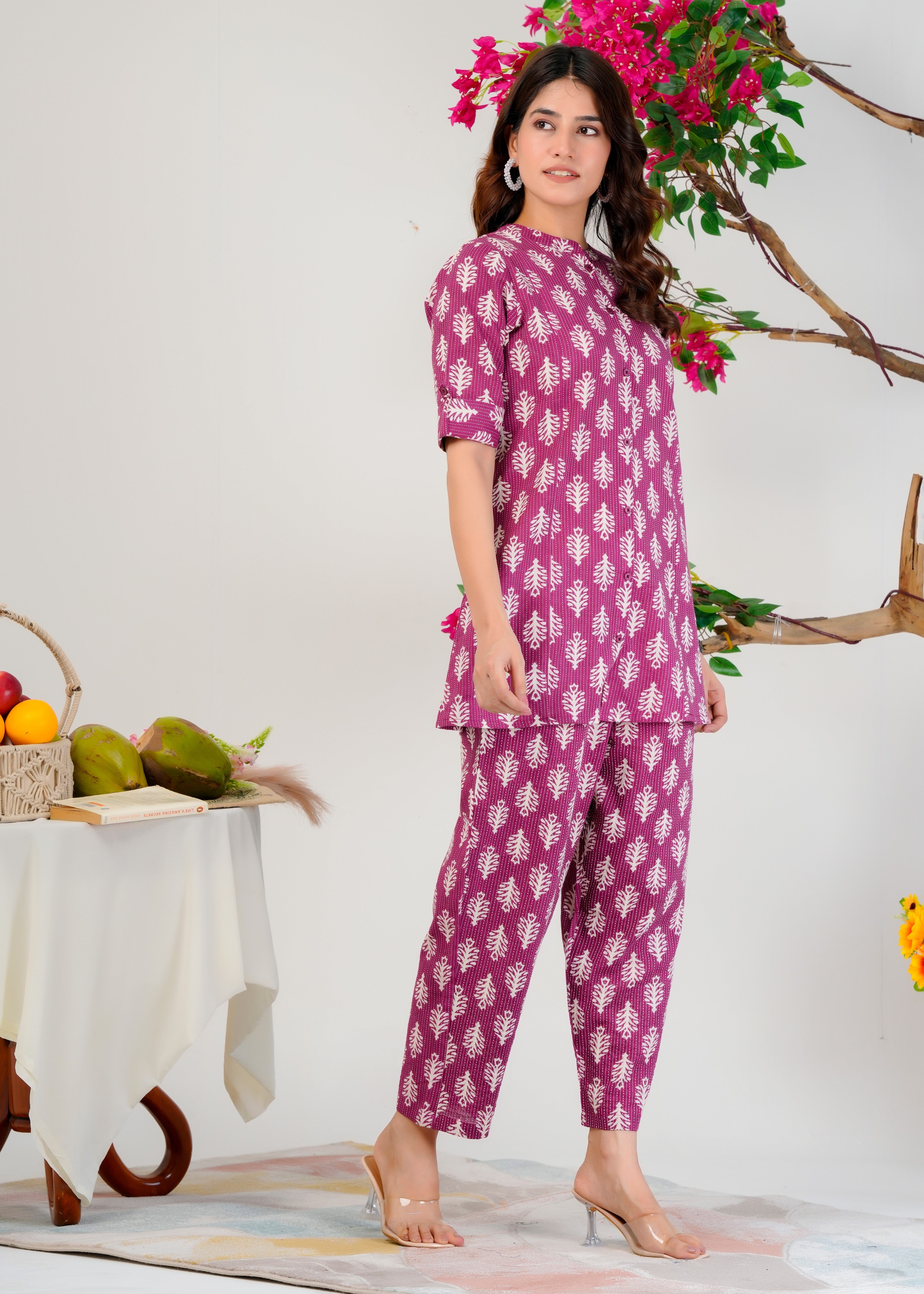 Purple Cotton Co-Ord Set With A Colored Floral Block Print