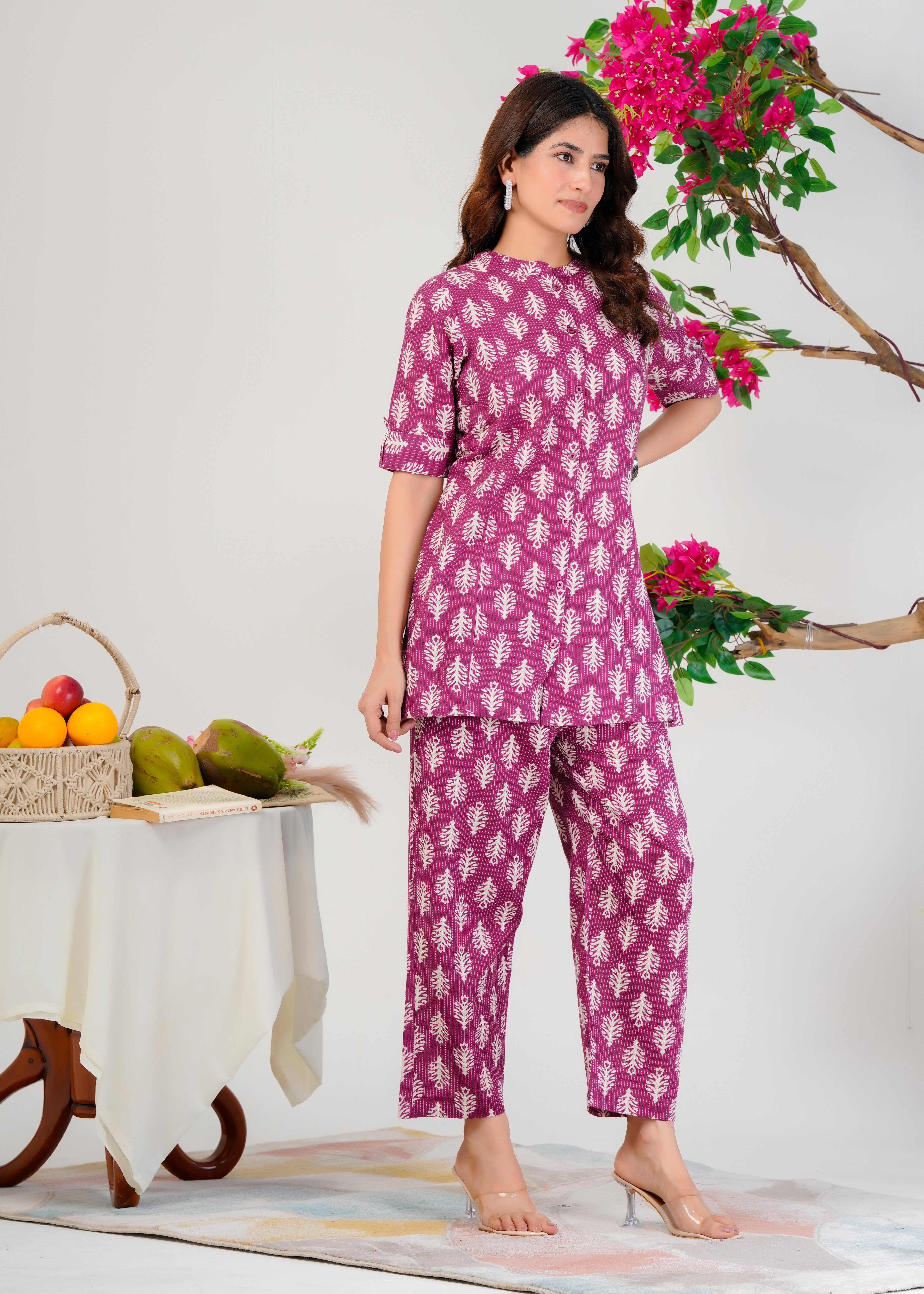 Purple Cotton Co-Ord Set With A Colored Floral Block Print