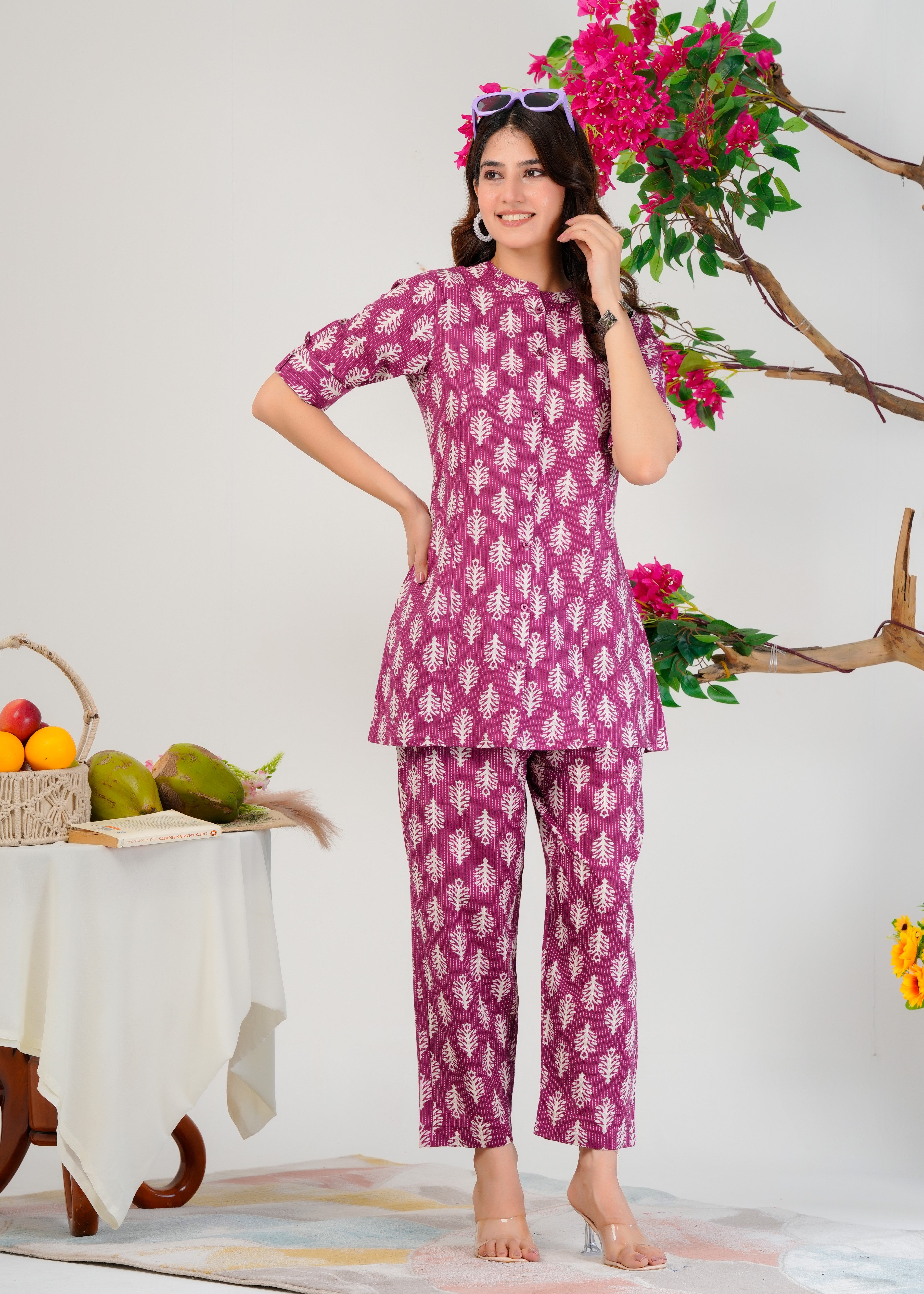 Purple Cotton Co-Ord Set With A Colored Floral Block Print