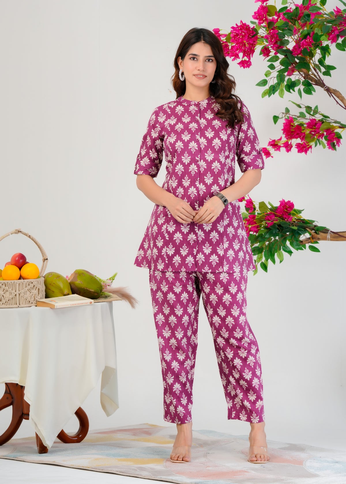 Block Printed Cotton Co-ord Set for Women's Ethinc Wear - Violet